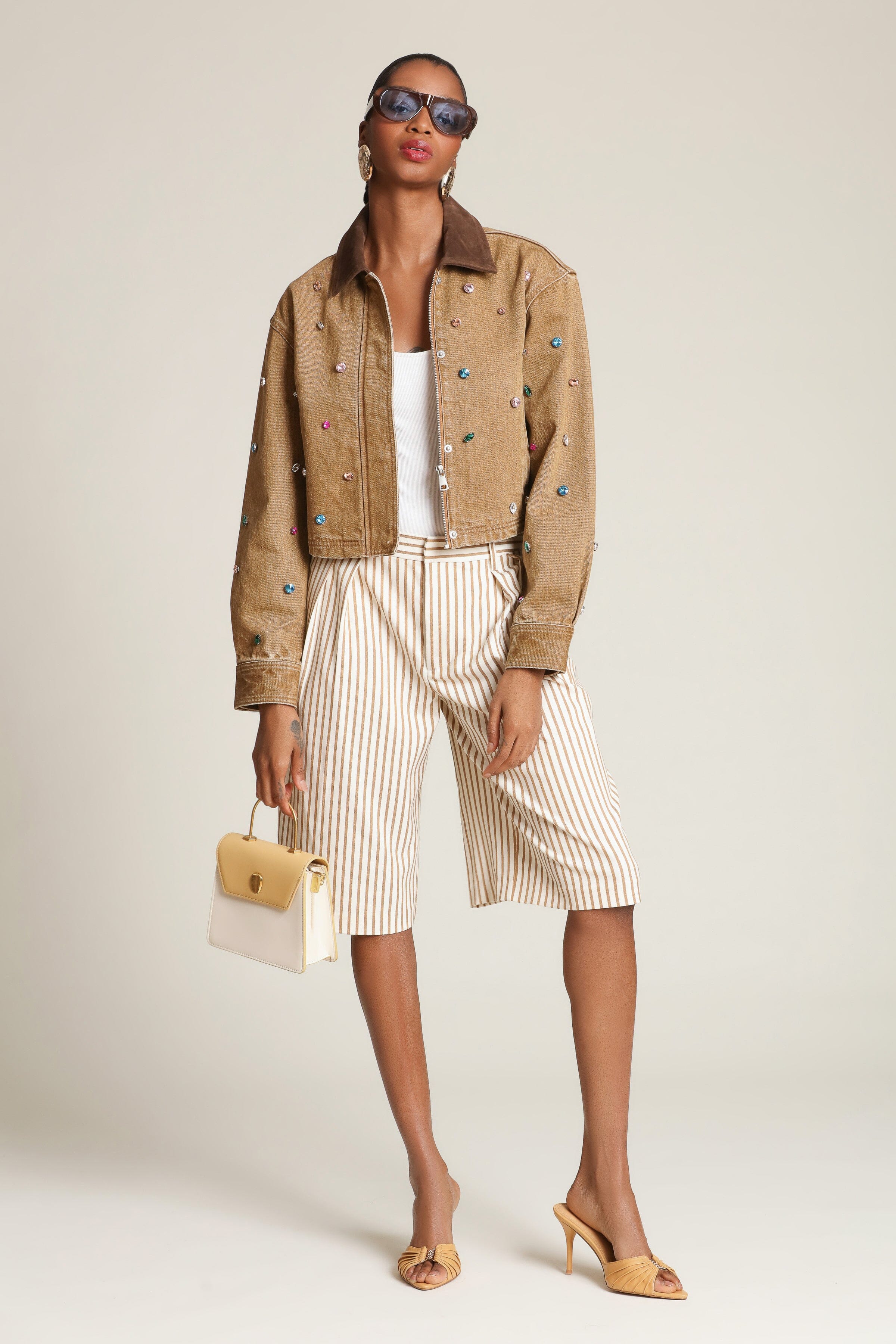 Striped boyfriend camel bermuda shorts with a high-rise waist, front pleats, and faux welt pockets - Shop designer women’s bermuda shorts by Avec Les Filles