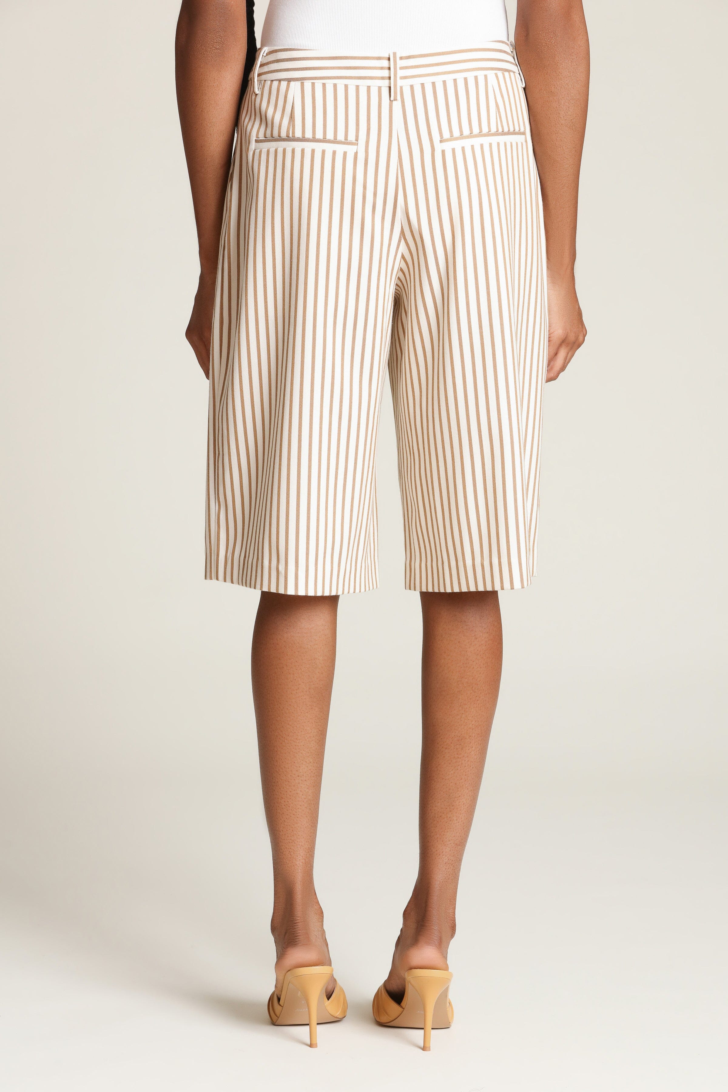 Striped boyfriend camel bermuda shorts with a high-rise waist, front pleats, and faux welt pockets - Shop designer women’s bermuda shorts by Avec Les Filles