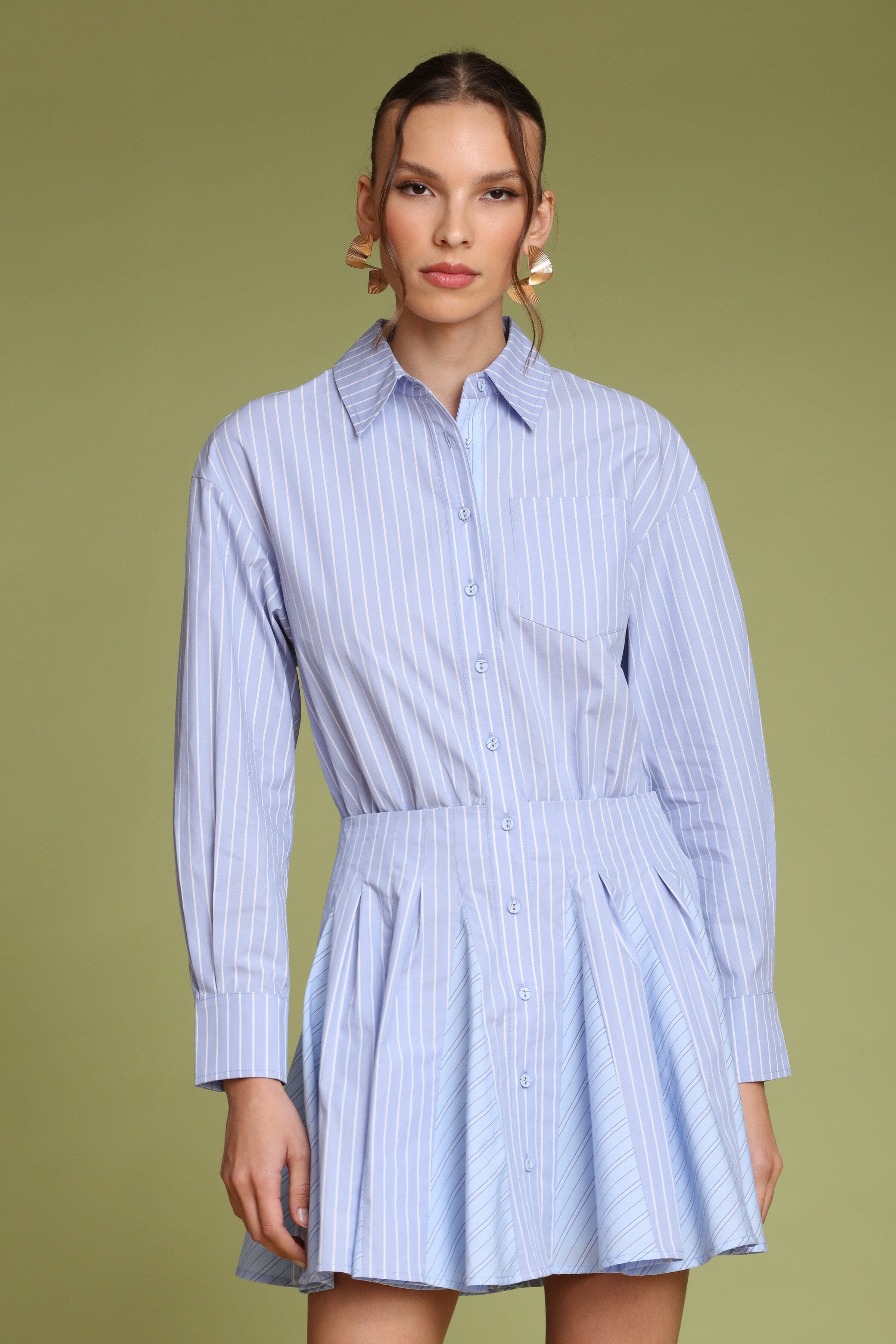 Blue striped cotton button-front mini shirt dress with long sleeves and pointed collar - Shop designer women's mini shirt dresses by Avec Les Filles