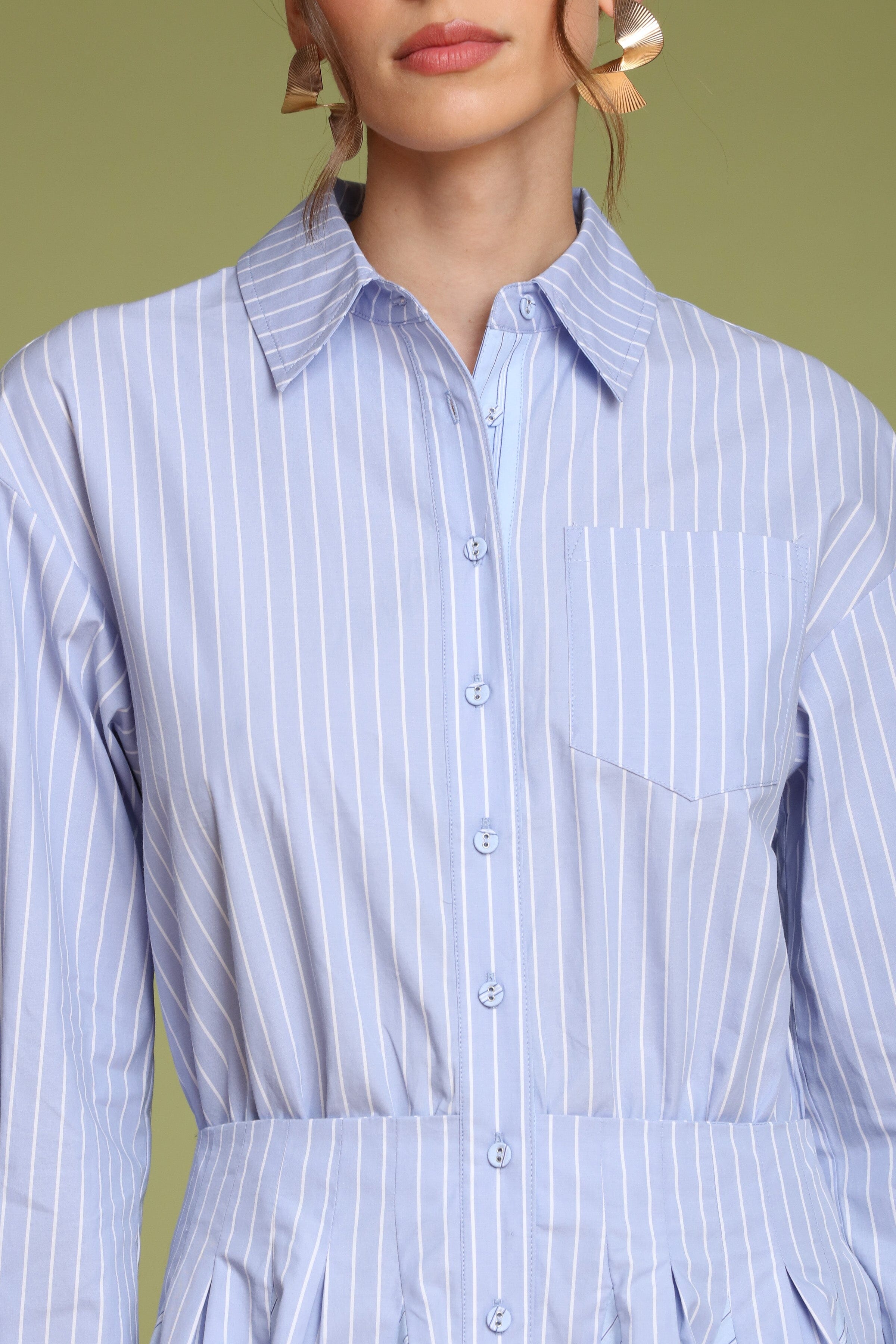 Blue striped cotton button-front mini shirt dress with long sleeves and pointed collar - Shop designer women's mini shirt dresses by Avec Les Filles