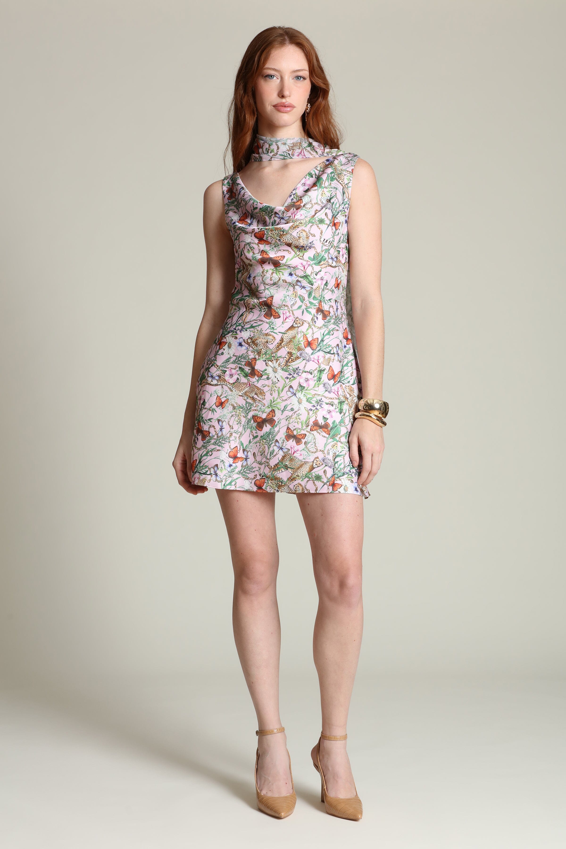 Floral satin scarf-tie multicolor cute mini dress with a draped cowl neckline and a fitted, flared silhouette by Avec Les Filles