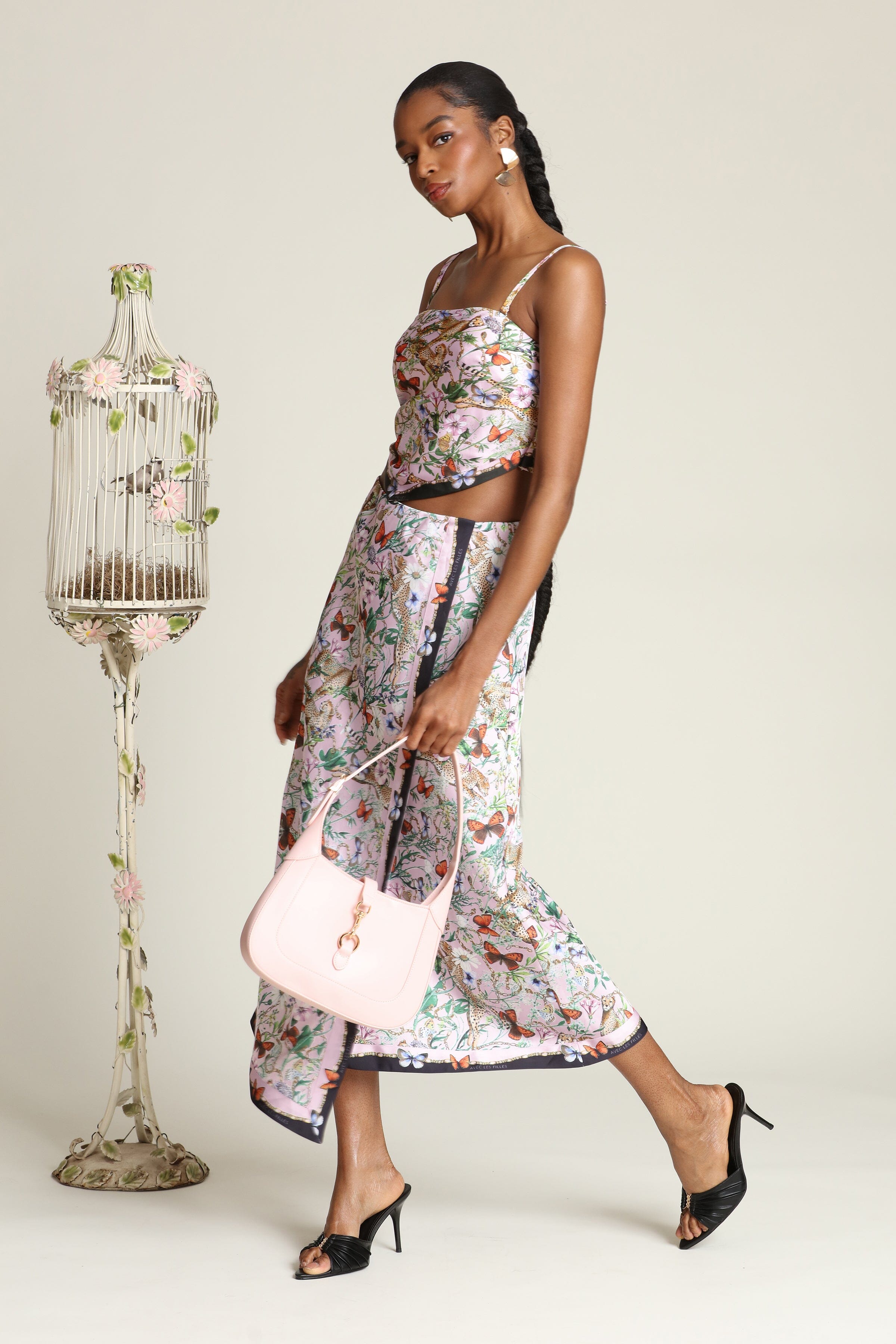 Botanical satin pink cheetah scarf crop top with detachable, adjustable spaghetti straps and midi skirt by Avec Les Filles