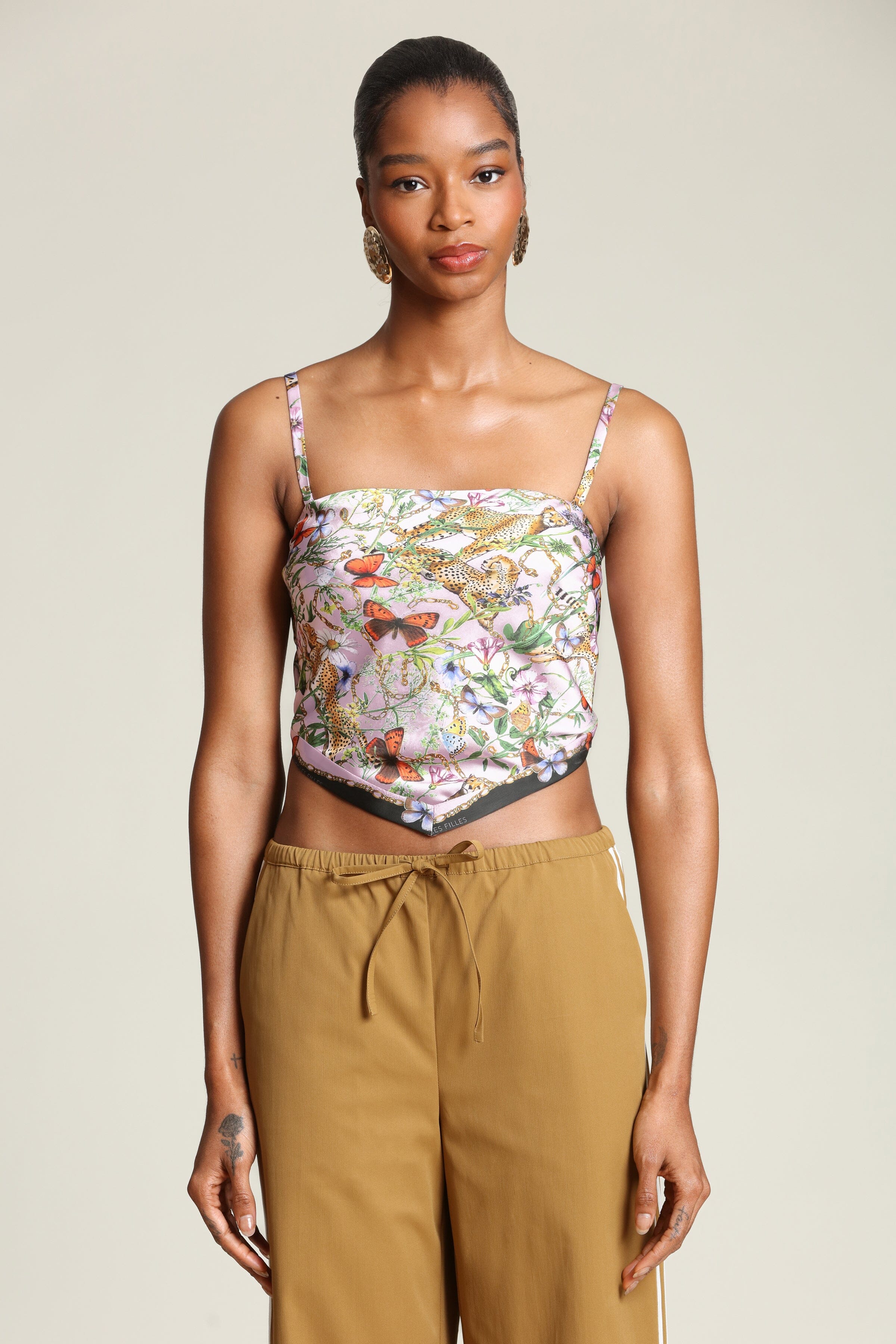 Botanical satin pink cheetah scarf crop top with detachable, adjustable spaghetti straps by Avec Les Filles