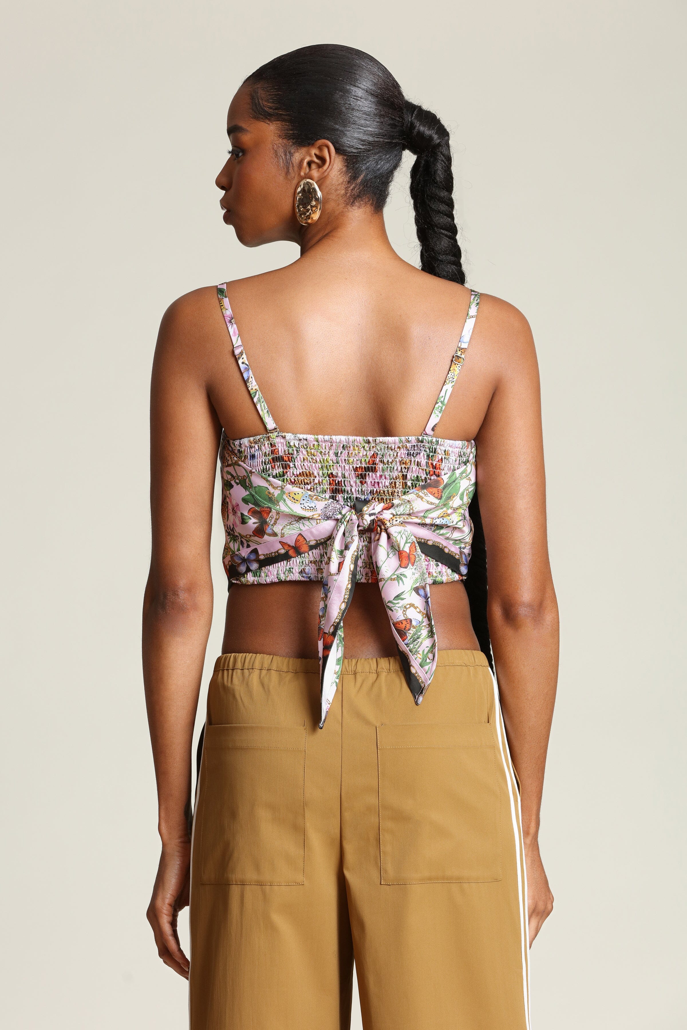 Botanical satin pink cheetah scarf crop top with detachable, adjustable spaghetti straps and smocked back by Avec Les Filles