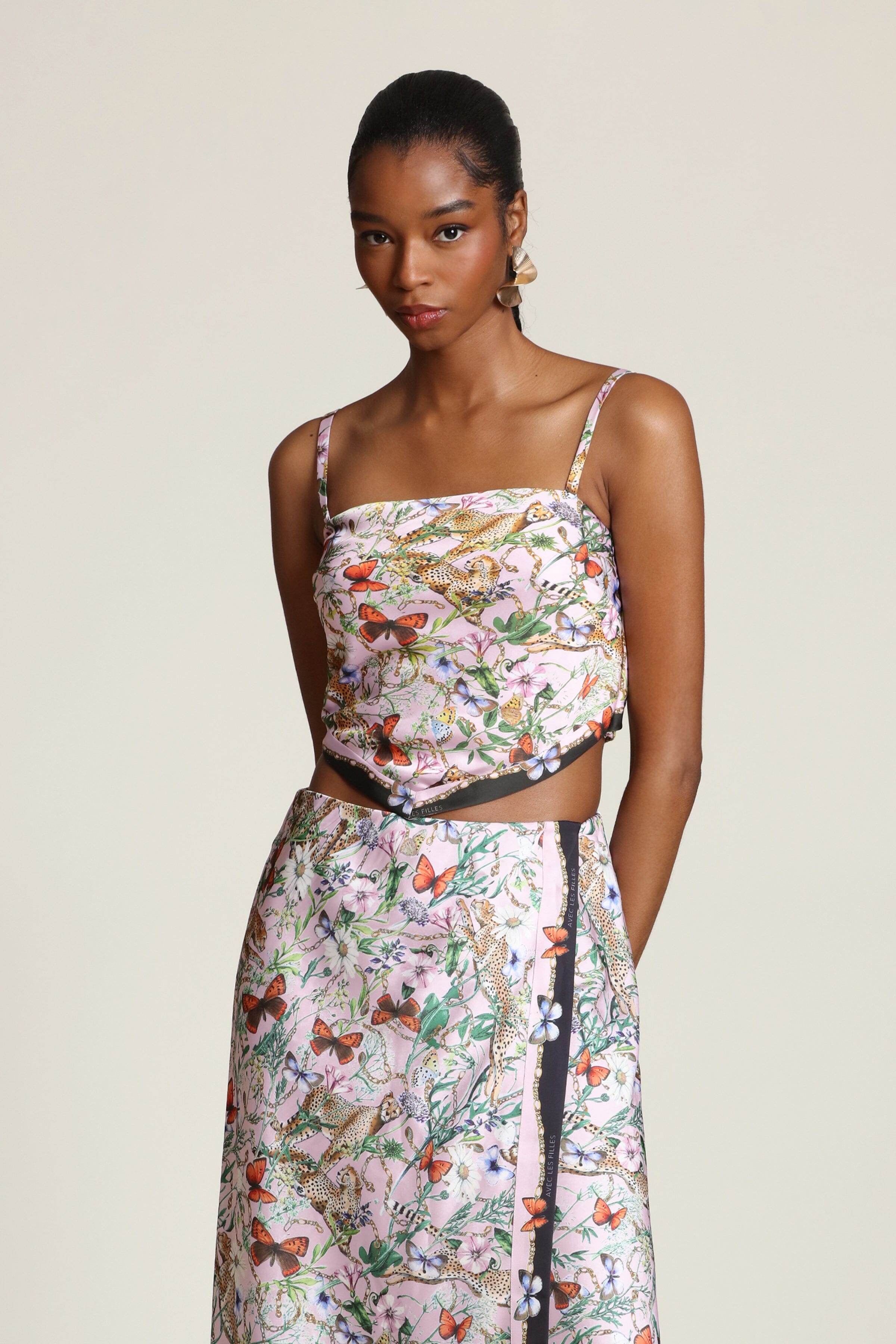 Botanical satin pink cheetah scarf crop top with detachable, adjustable spaghetti straps and smocked back - Women's cute crop tops by Avec Les Filles