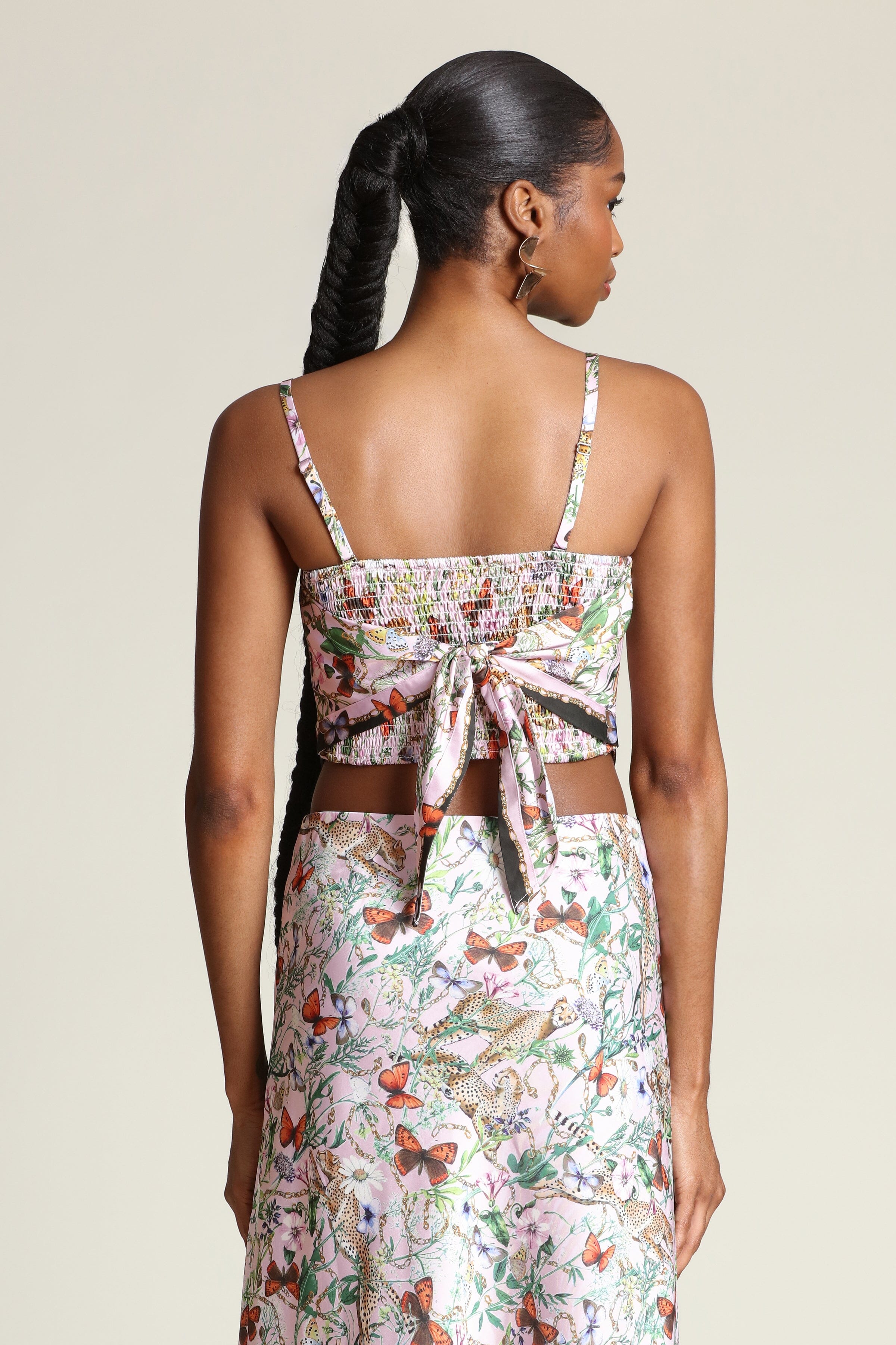 Botanical satin pink cheetah scarf crop top with detachable, adjustable spaghetti straps and smocked back by Avec Les Filles