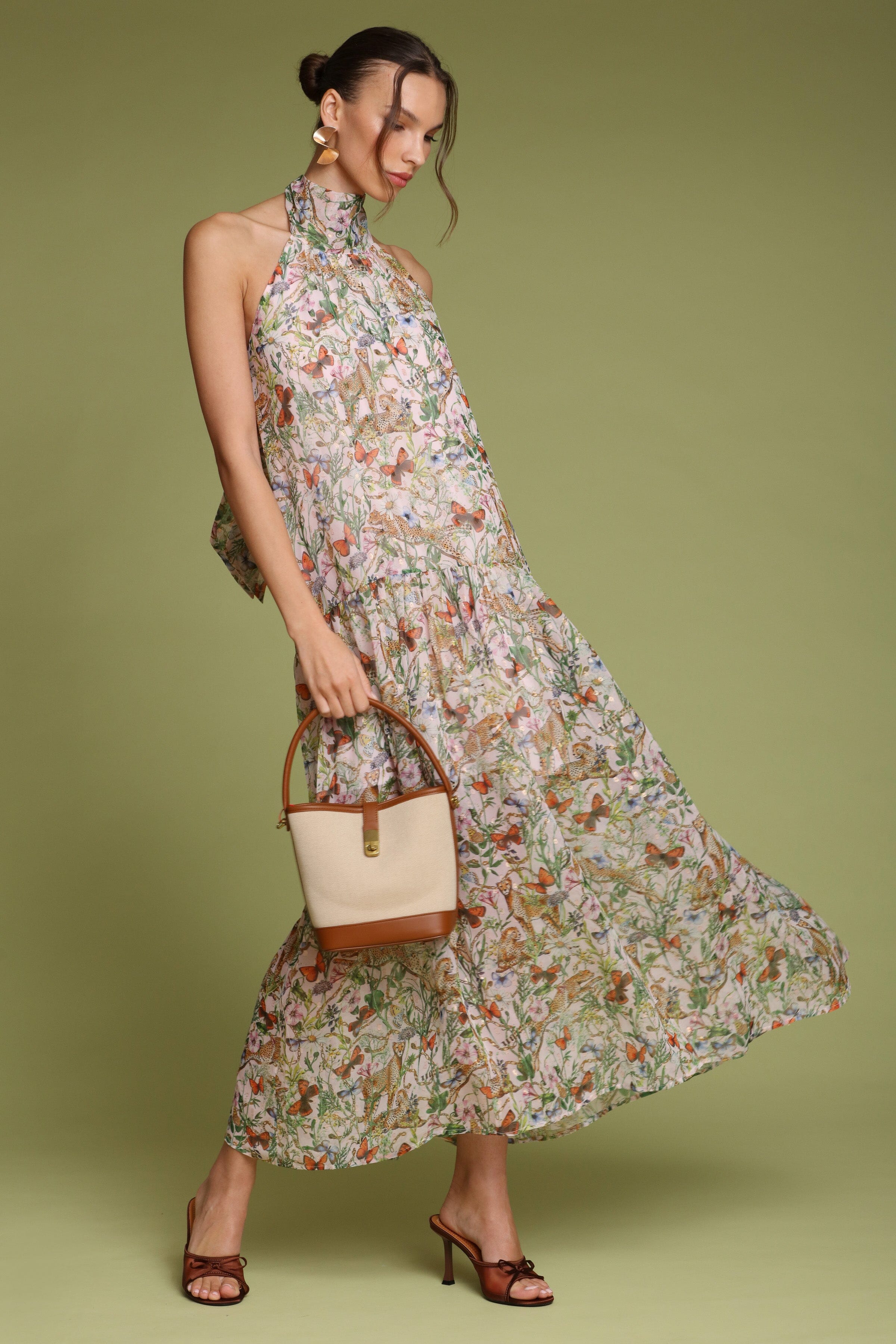 Botanical pink cheetah printed halter neck maxi dress with a drop-waist skirt and self-tie - Shop designer women's maxi dresses by Avec Les Filles