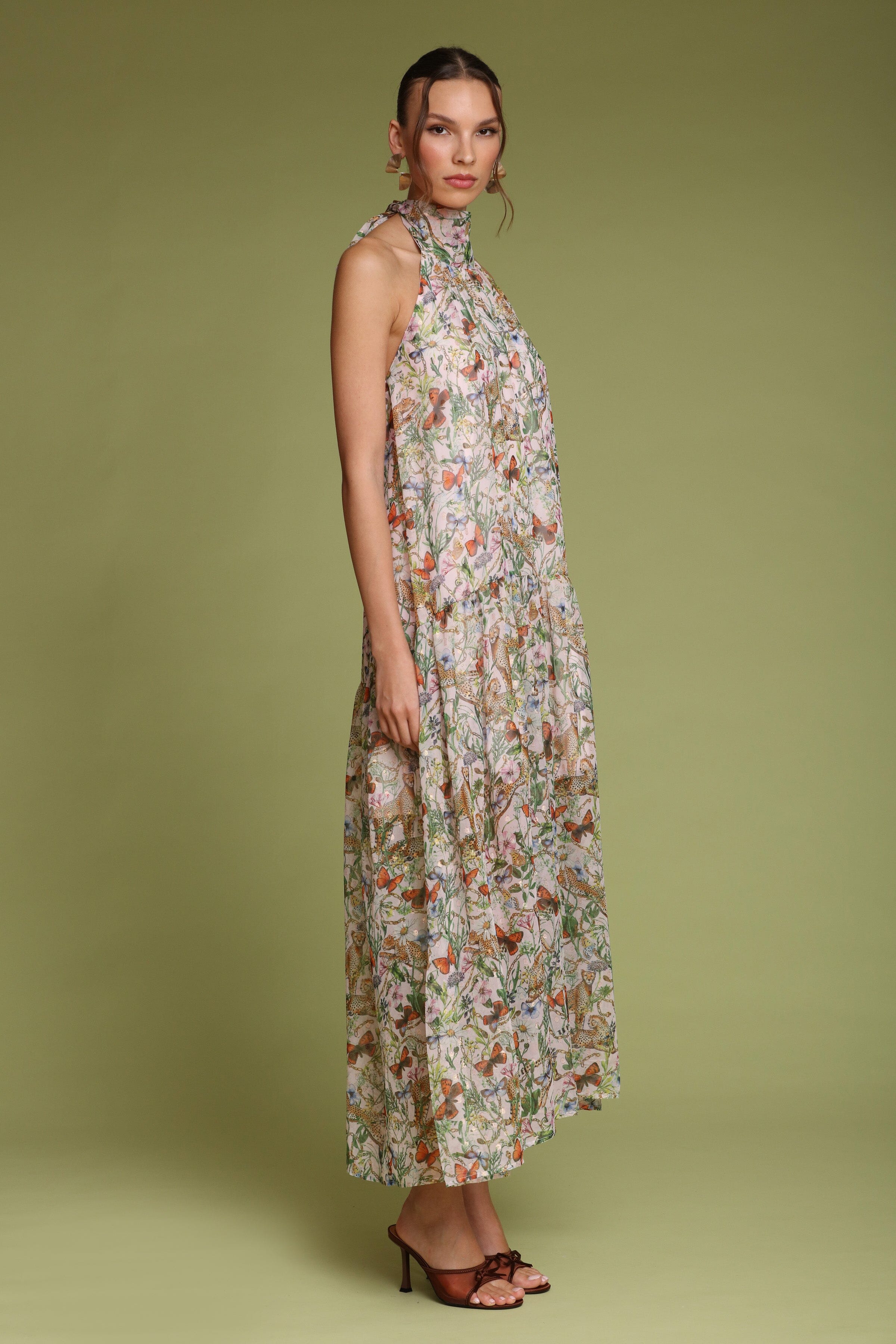 Botanical pink cheetah printed halter neck maxi dress with a drop-waist skirt and self-tie - Shop designer women's maxi dresses by Avec Les Filles