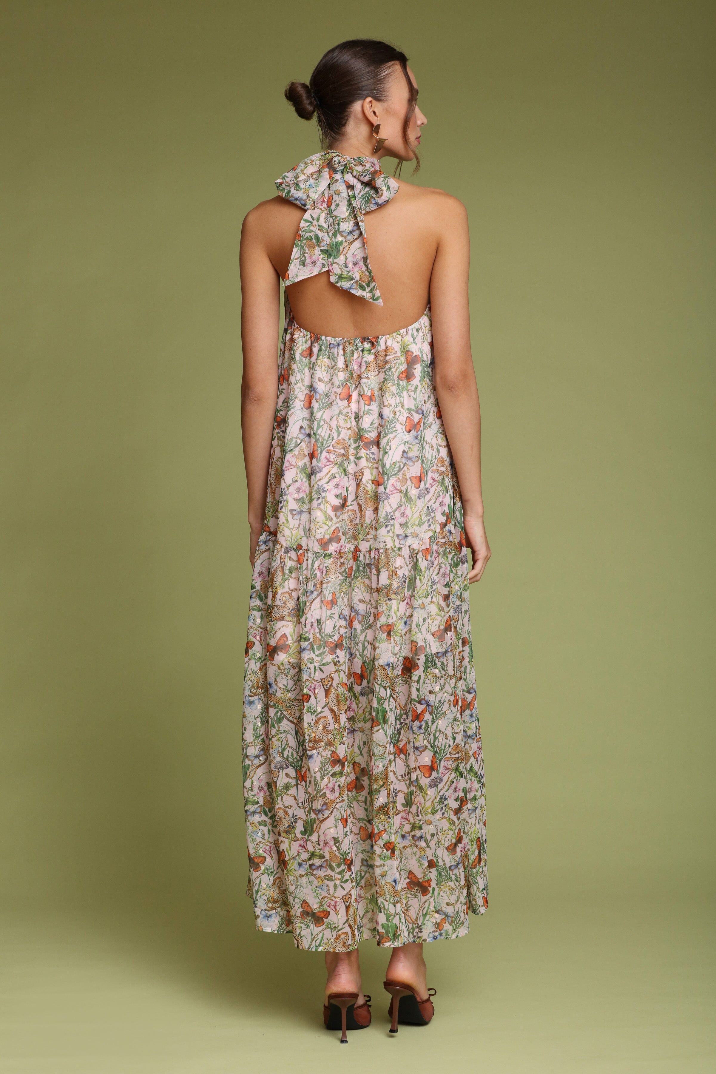 Botanical pink cheetah printed halter neck maxi dress with a drop-waist skirt and self-tie - Shop designer women's maxi dresses by Avec Les Filles