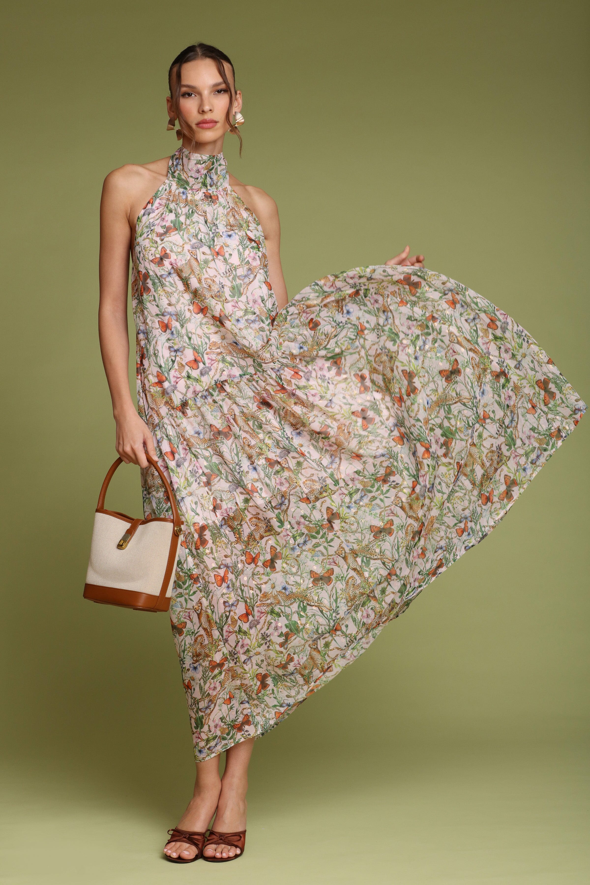 Botanical pink cheetah printed halter neck maxi dress with a drop-waist skirt and self-tie - Shop designer women's maxi dresses by Avec Les Filles