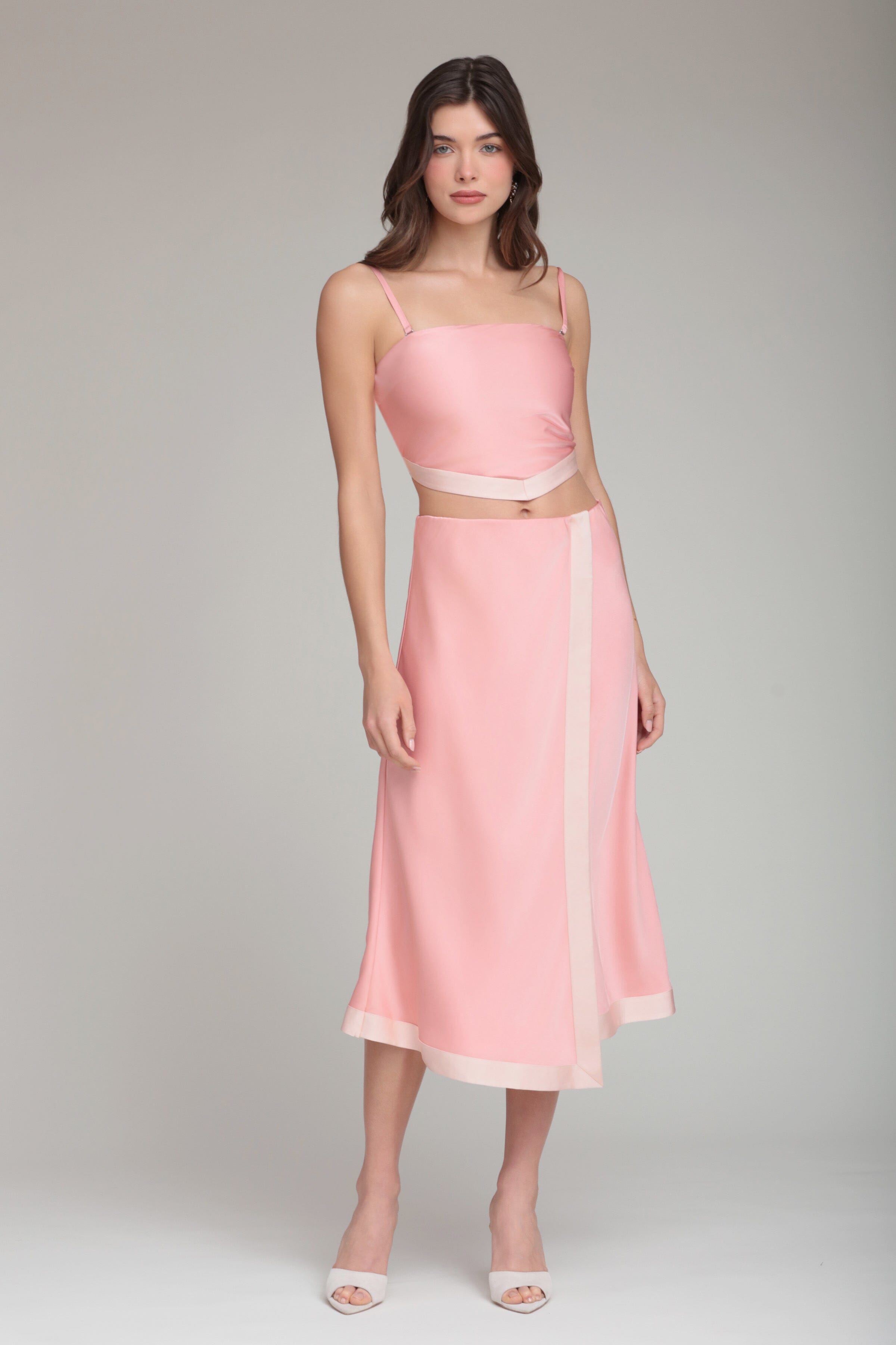 Satin faux wrap pink maxi skirt with satin crop top - Shop women's cute long maxi skirts and crop tops by Avec Les Filles