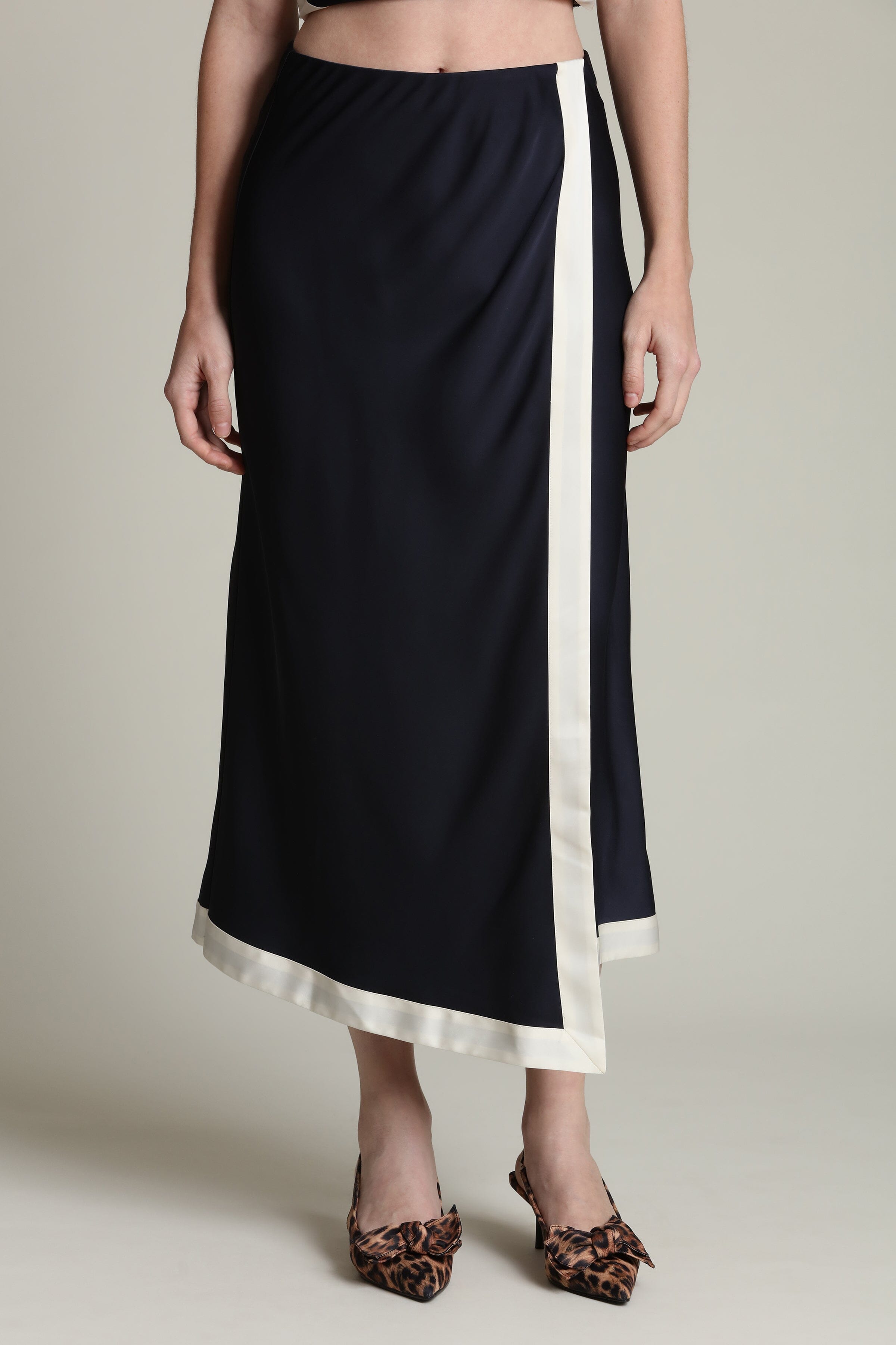 Satin navy faux wrap maxi slip skirt with an elastic waistband - Shop women's designer maxi skirts by Avec Les Filles