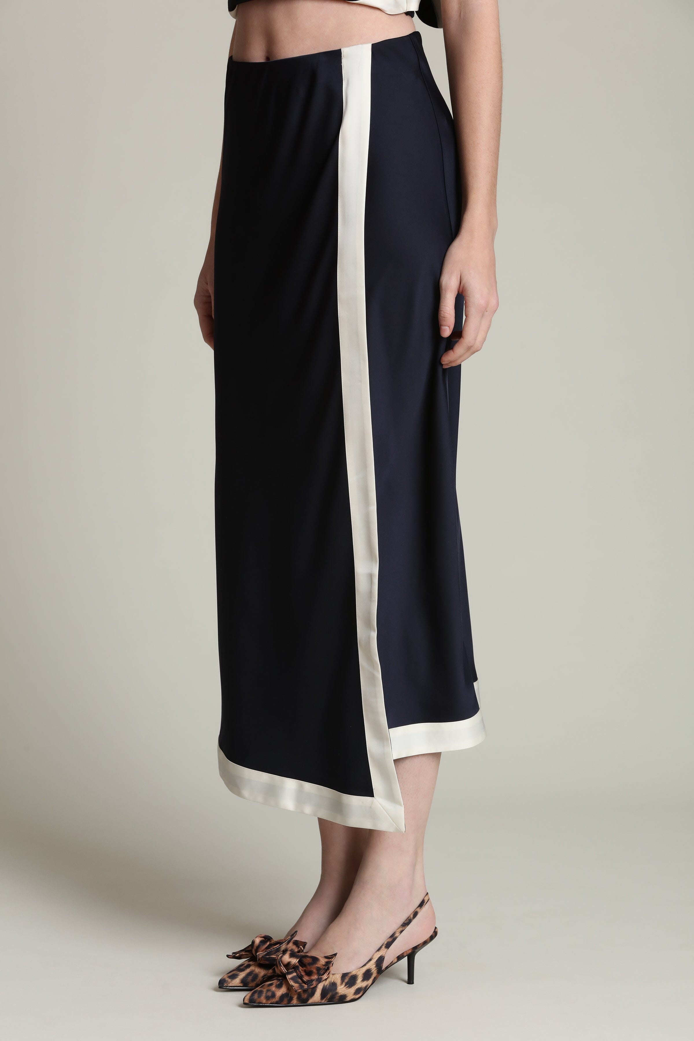 Satin navy faux wrap maxi slip skirt with an elastic waistband - Shop women's designer maxi skirts by Avec Les Filles