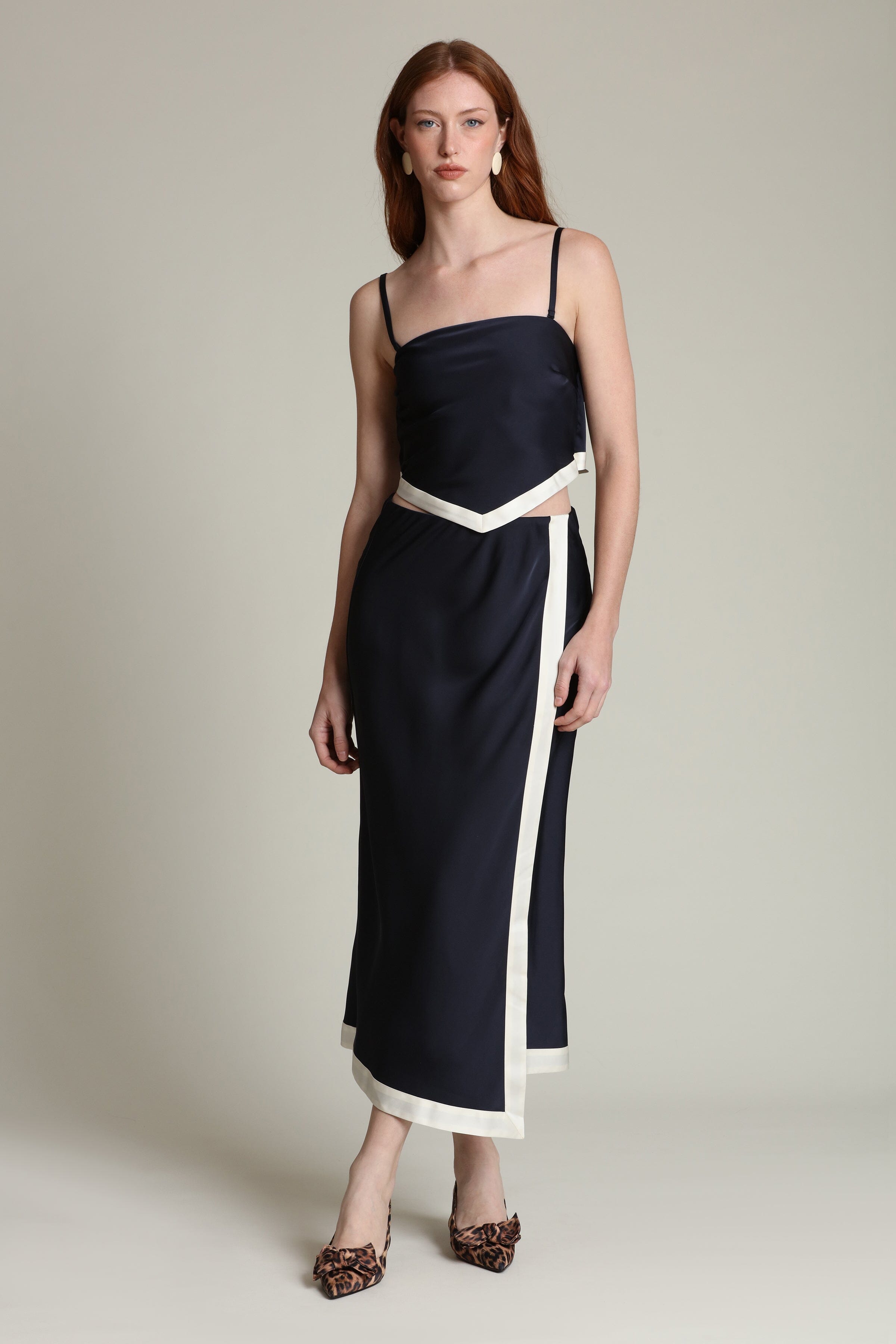 Satin navy faux wrap maxi slip skirt with an elastic waistband and crop top - Shop women's designer maxi skirts by Avec Les Filles