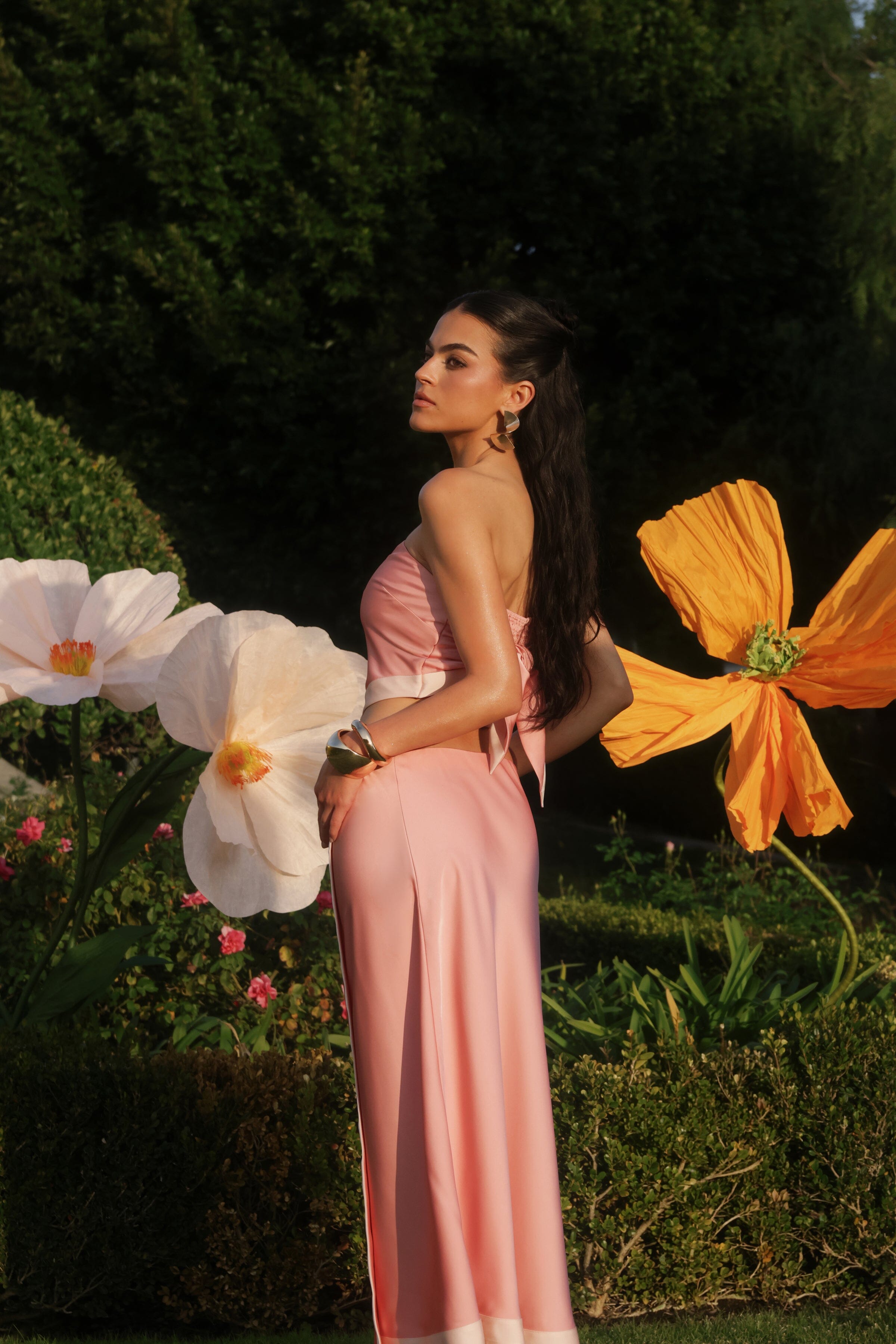 Satin faux wrap long pink maxi skirt with an elastic waistband - Shop women's cute maxi skirts by Avec Les Filles