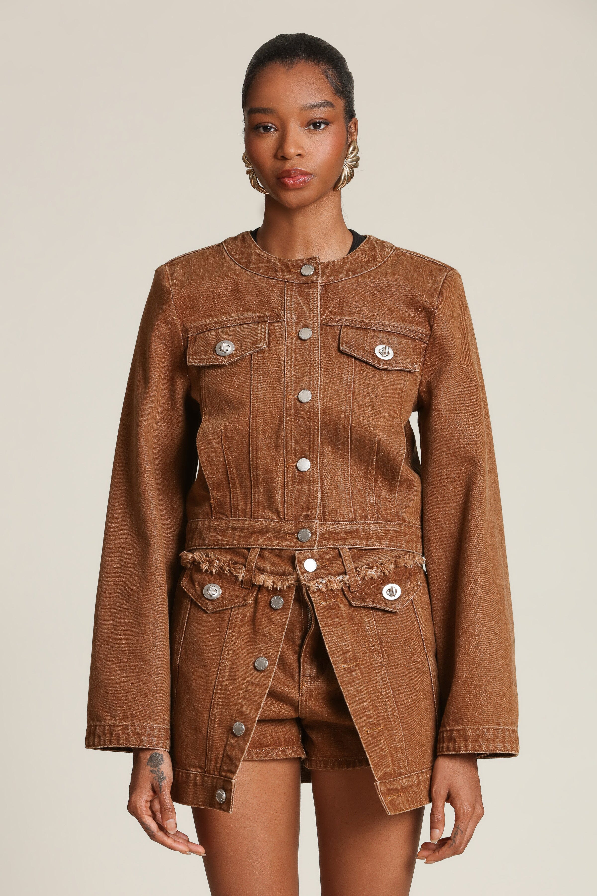 Washed maple denim cropped jacket with dramatic sleeves and polished turnlocks- Shop women’s coats and jackets by Avec Les Filles
