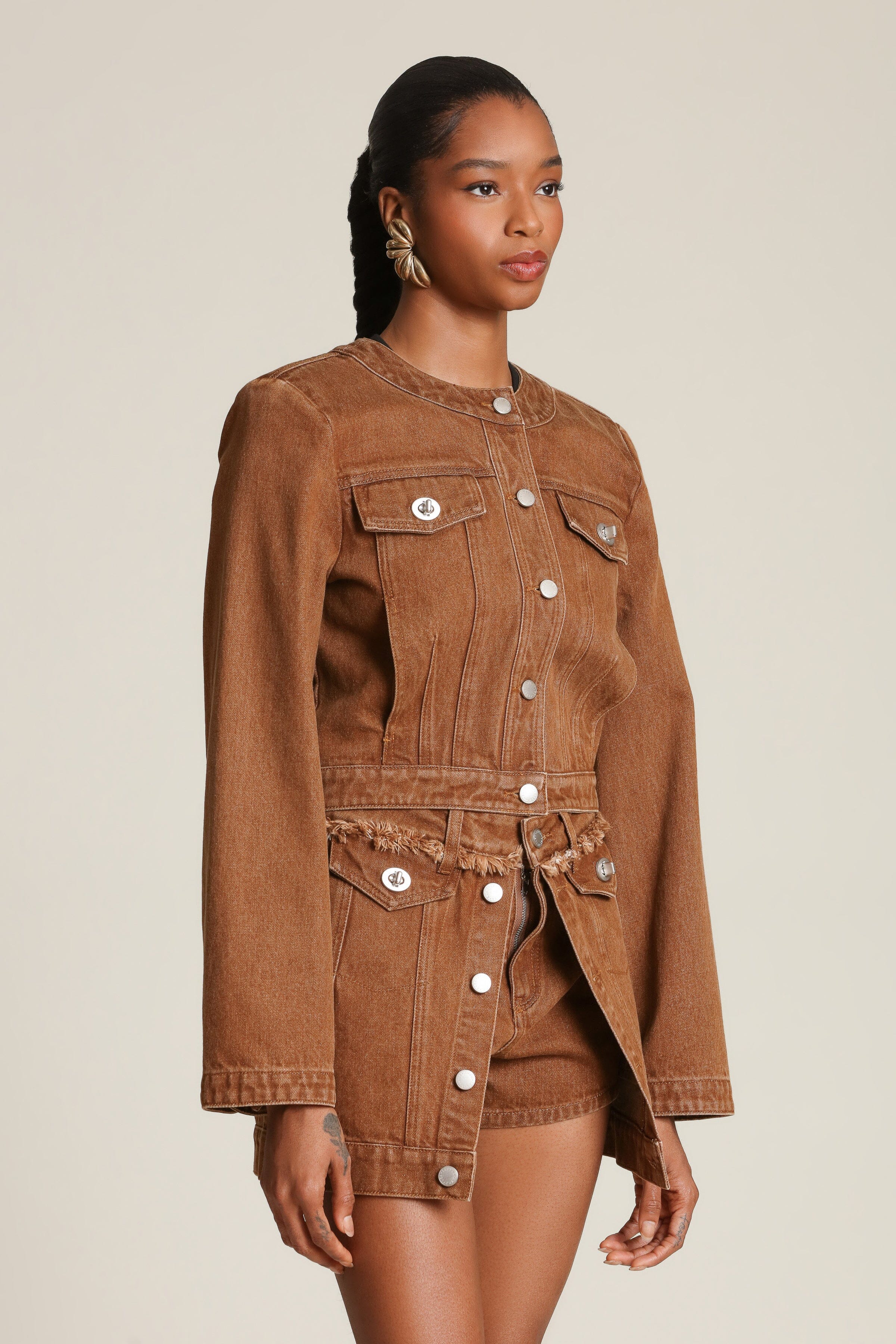 Dramatic sleeves and polished turnlocks, washed maple denim cropped jacket - Shop women’s coats and jackets by Avec Les Filles
