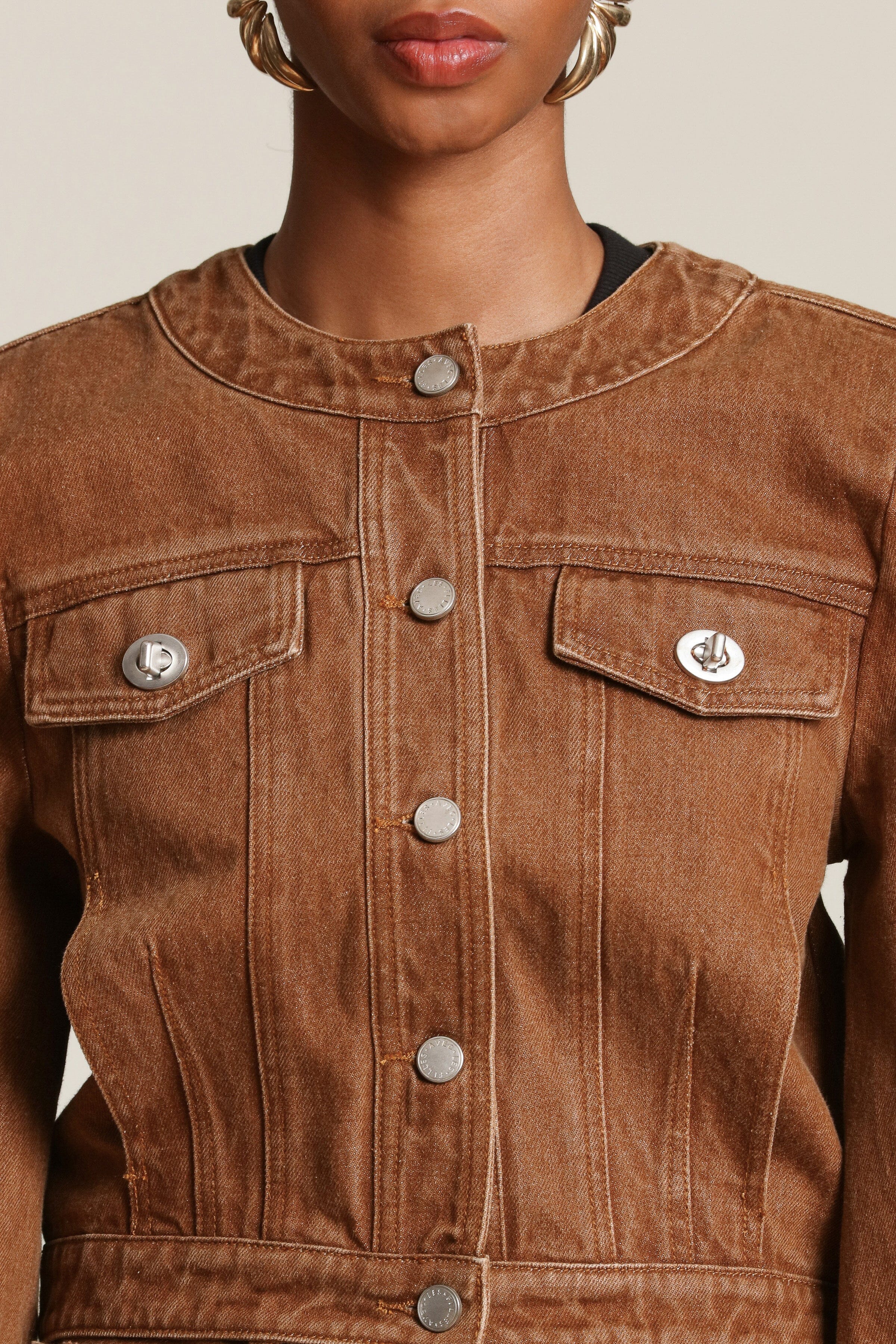 Denim cropped jacket with dramatic sleeves and polished turnlocks- Shop women’s cute coats and jackets by Avec Les Filles