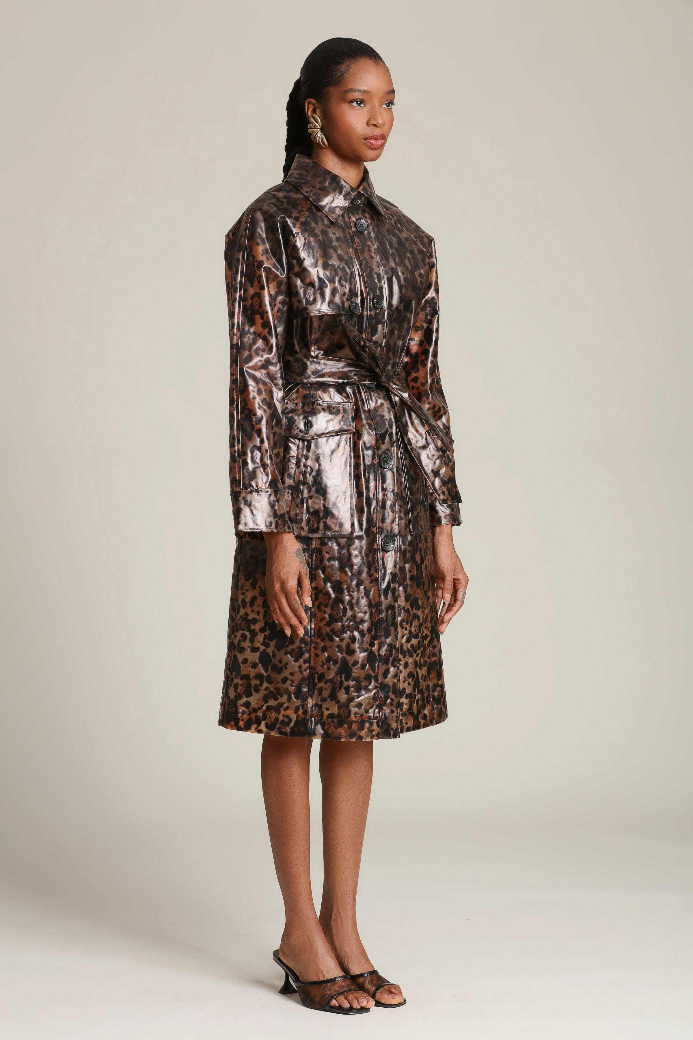 Leopard Button-front Rain Trench Coat Leopard Button-front Rain Trench Coat