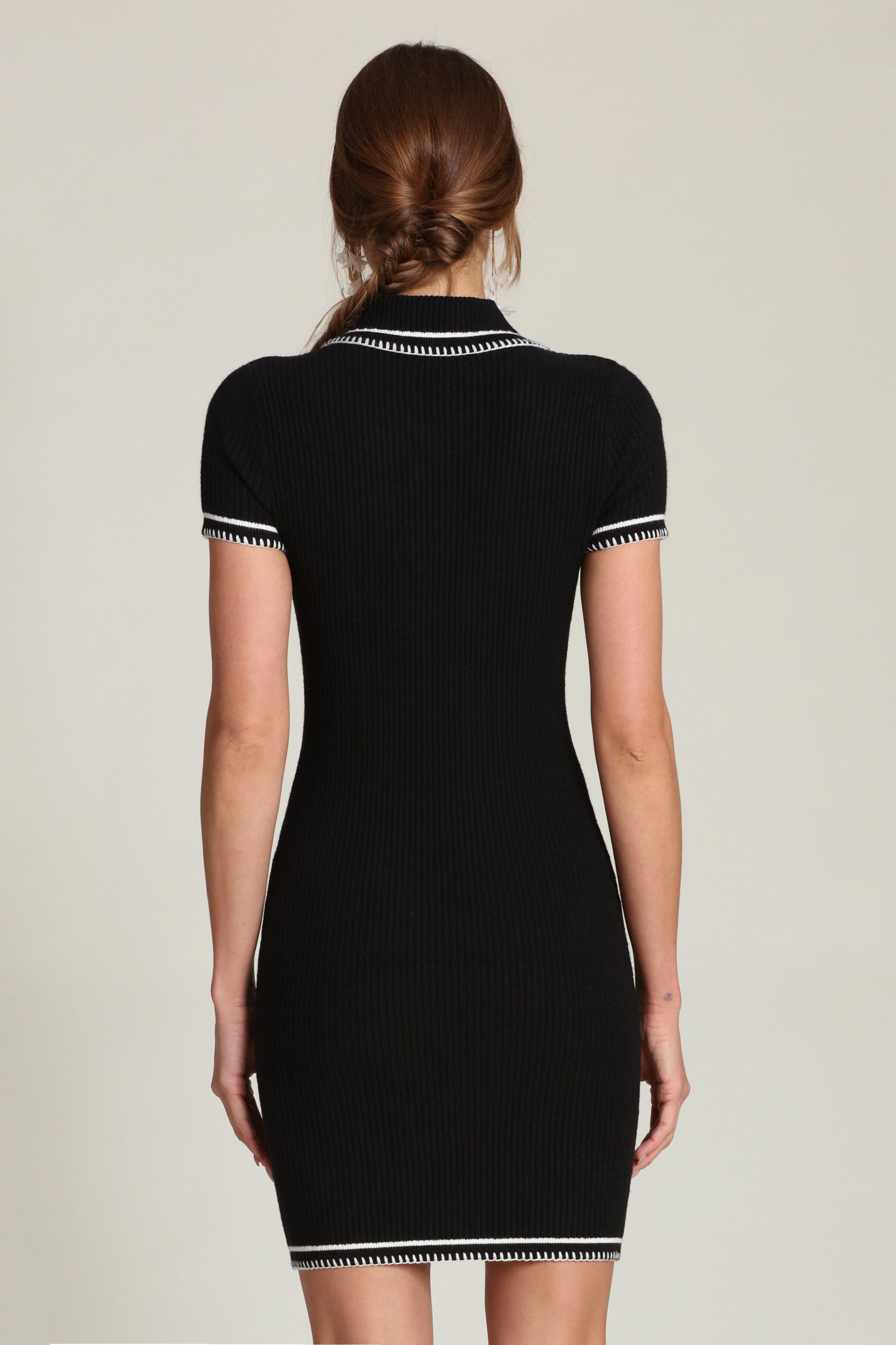 Contrast Stitch Polo Knit Black Mini Dress