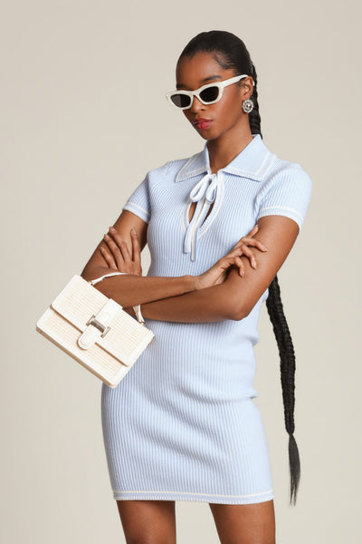 Avec Les Filles Women's Blanket Stitch Spread Collar Mini Dress - Ice Blue - Size S Avec Les Filles Women's Blanket Stitch Spread Collar Mini Dress - Ice Blue - Size S