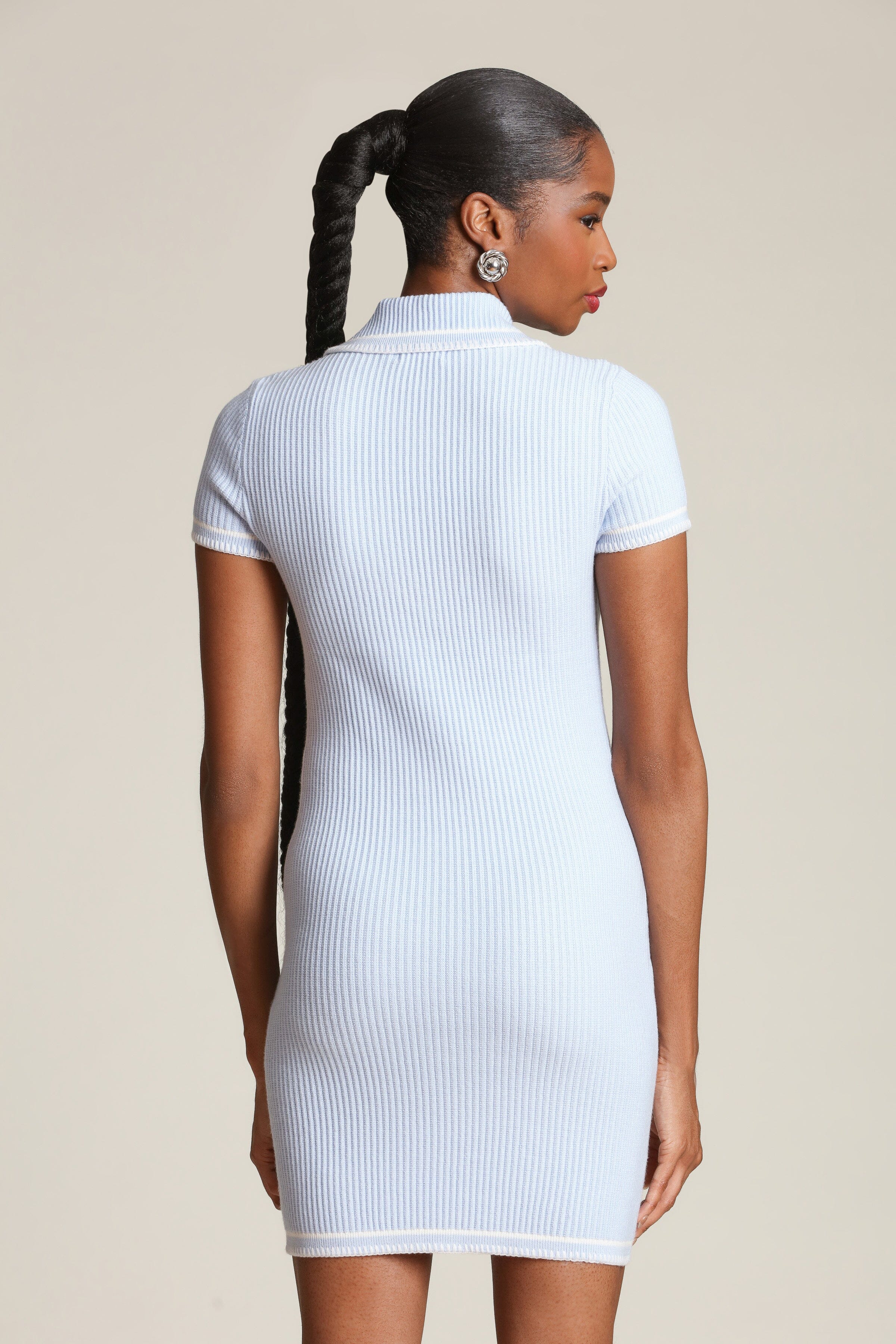 Contrast stitch polo knit ice blue mini dress with a tie-front neckline and short sleeves - Shop women's mini dresses by Avec Les Filles