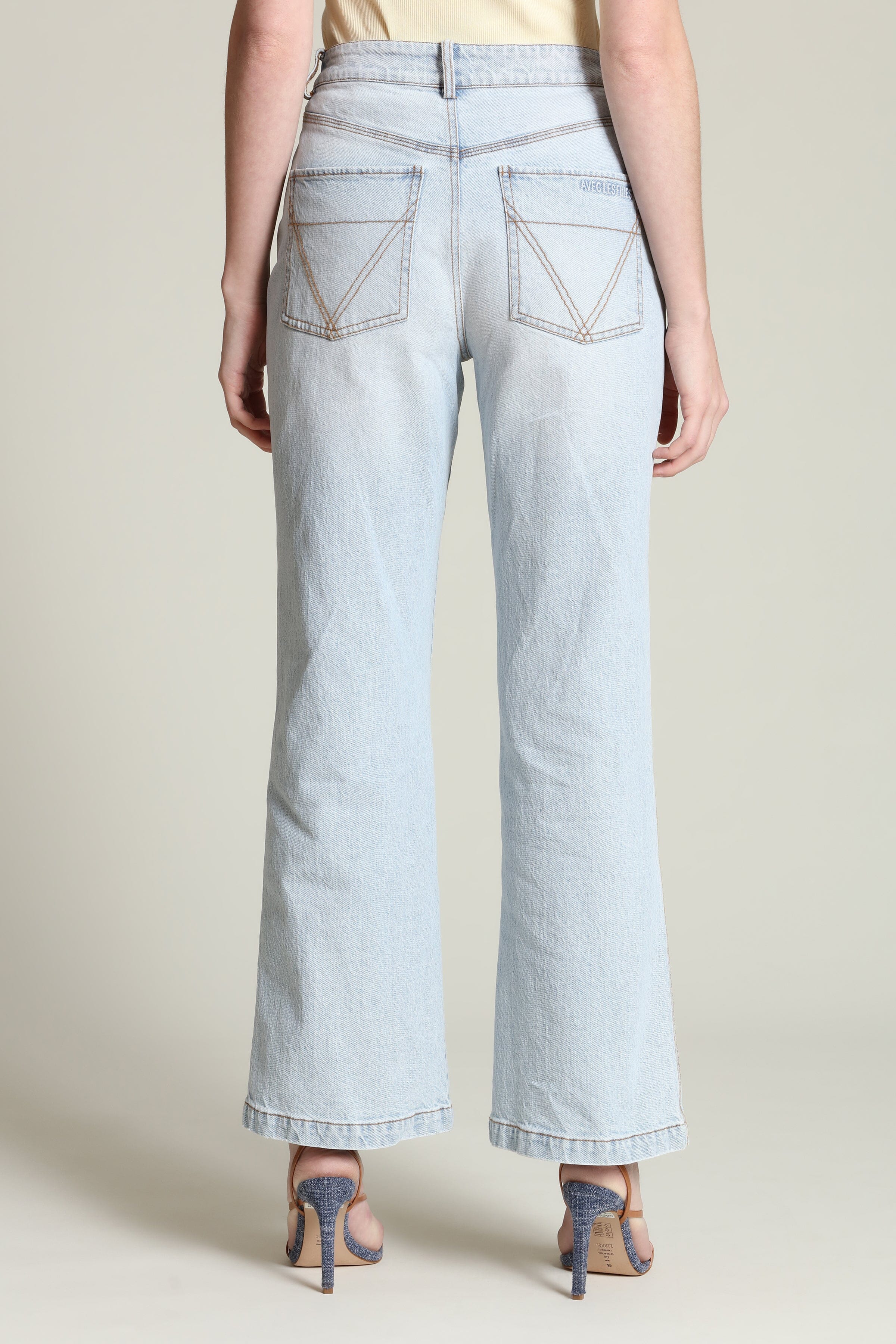 Patch pocket light blue flare jeans in cotton - Shop designer women's high rise flare jeans by Avec Les Filles