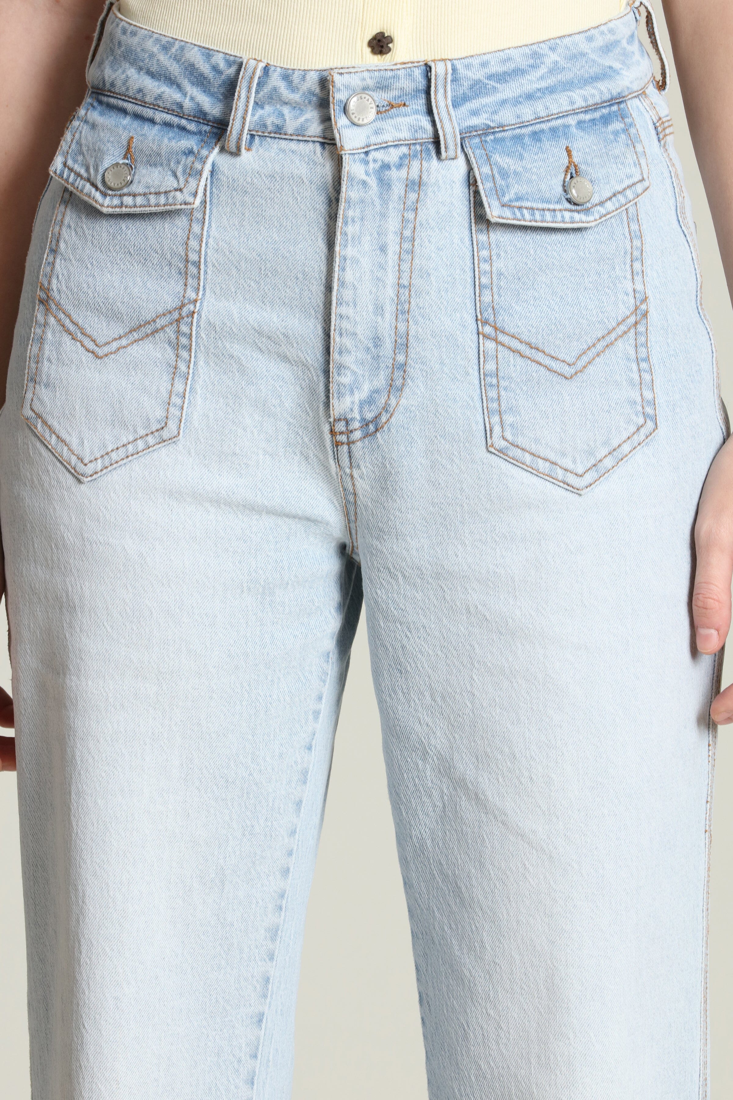 Patch pocket light blue flare jeans in cotton - Shop cute women's high rise flare jeans by Avec Les Filles