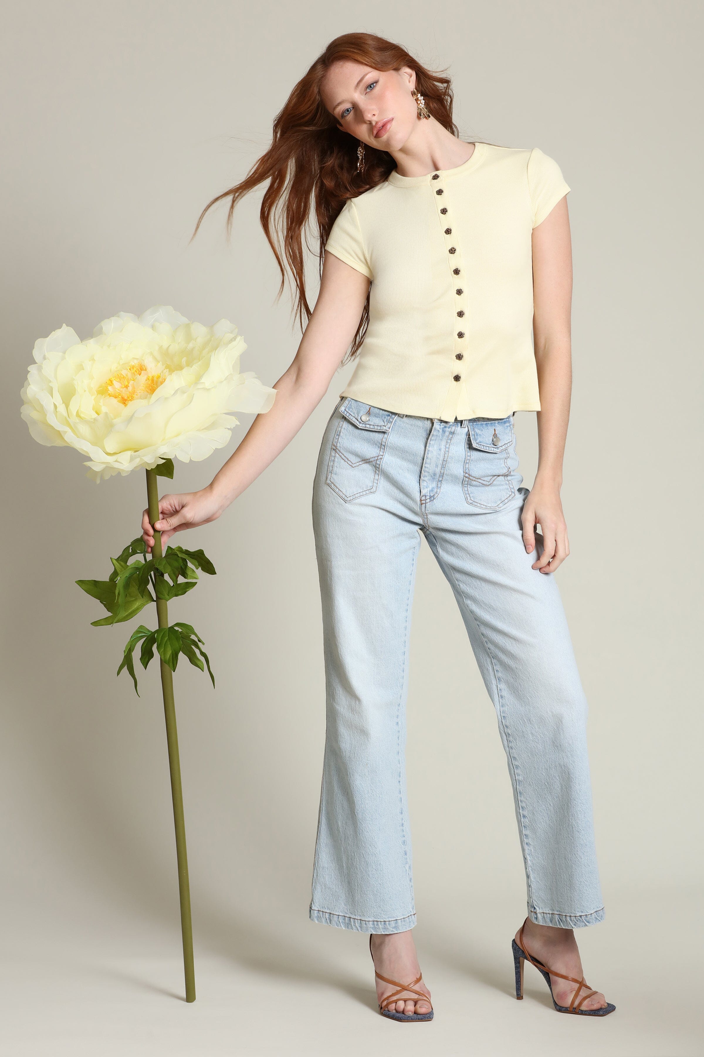 Patch pocket light blue flare jeans in cotton - Shop designer women's high rise flare jeans by Avec Les Filles