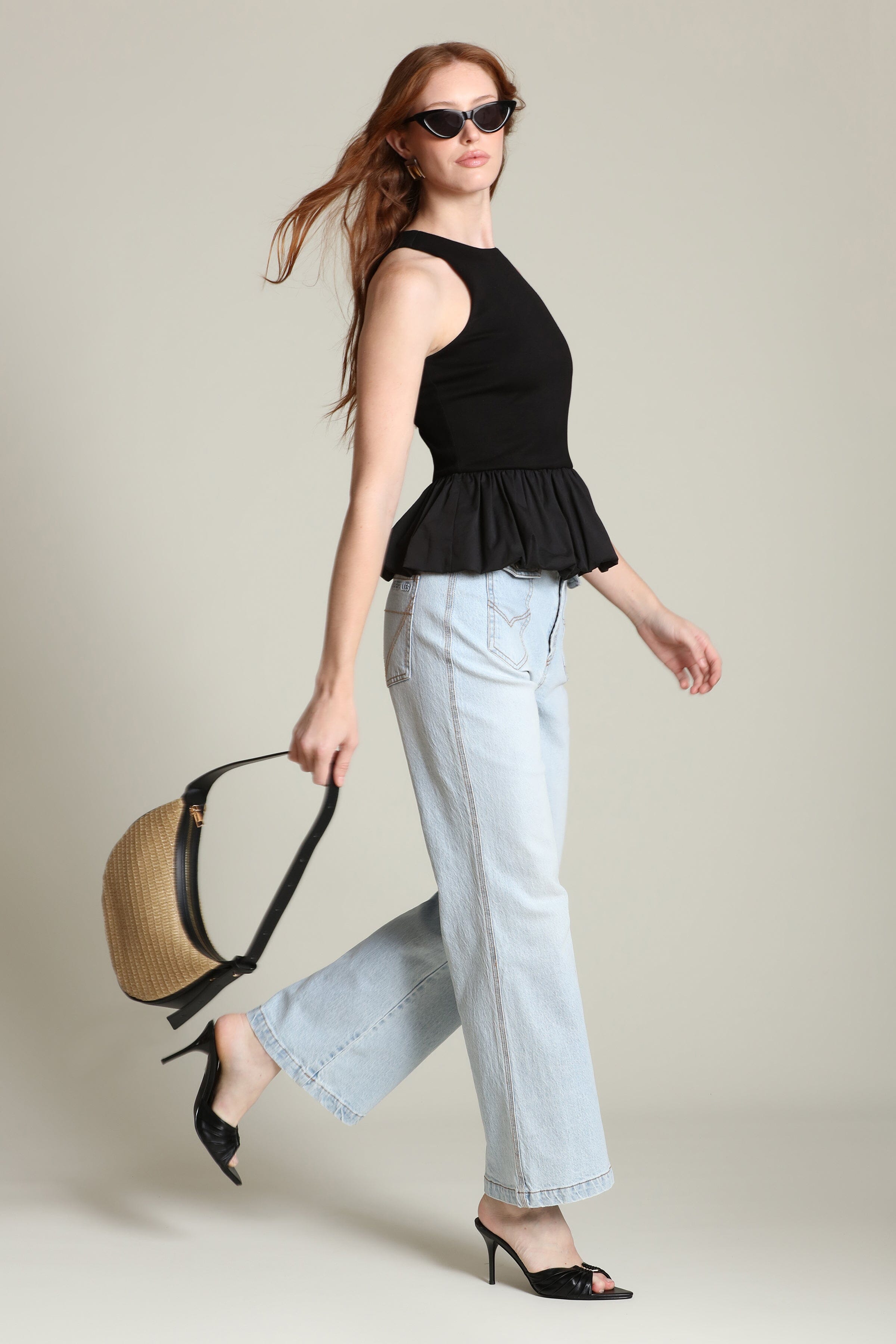 Mixed Media Gathered Peplum Black Tank Top