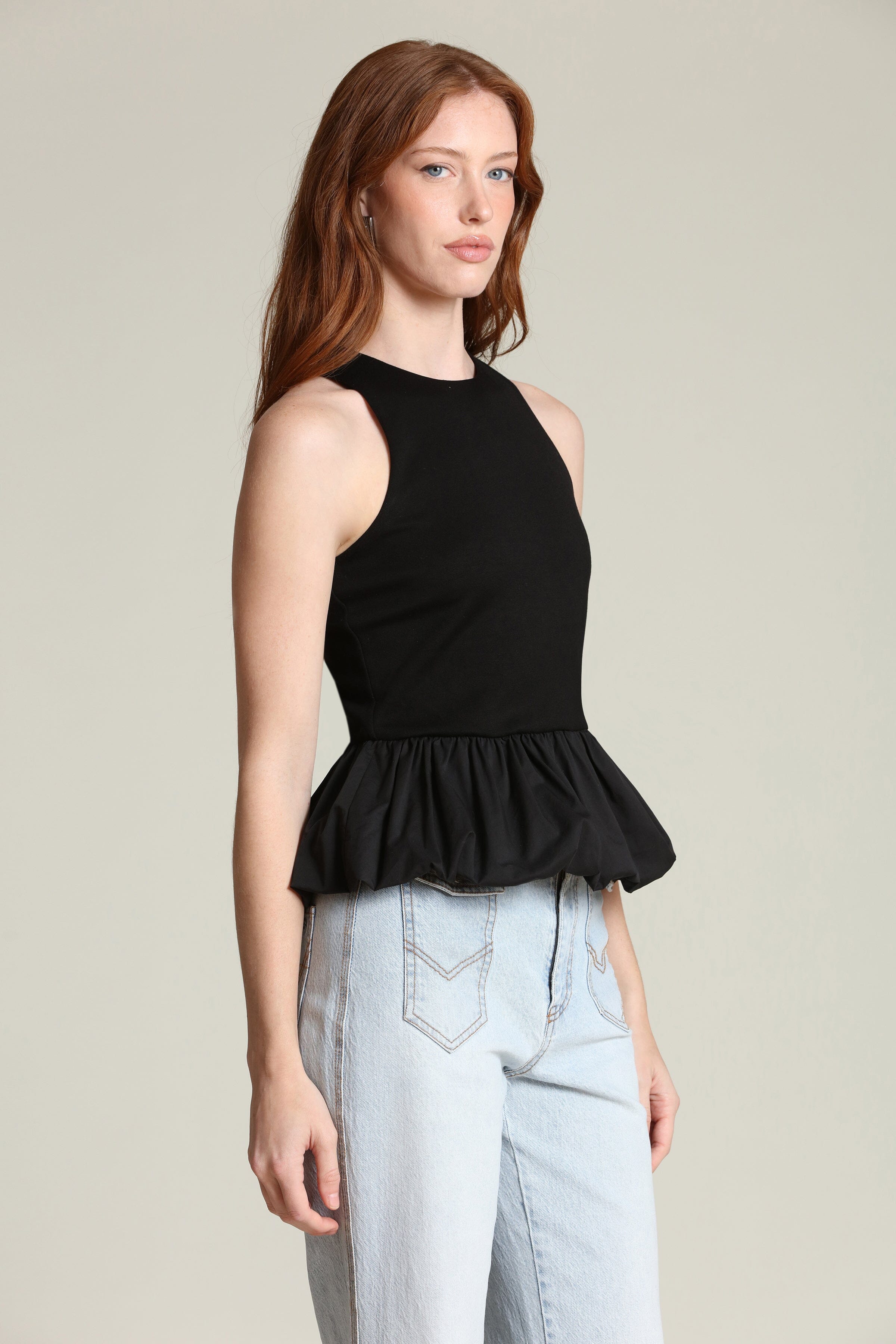 Mixed media gathered peplum black tank top with sleeveless and crew neckline - Shop designer women's tank tops