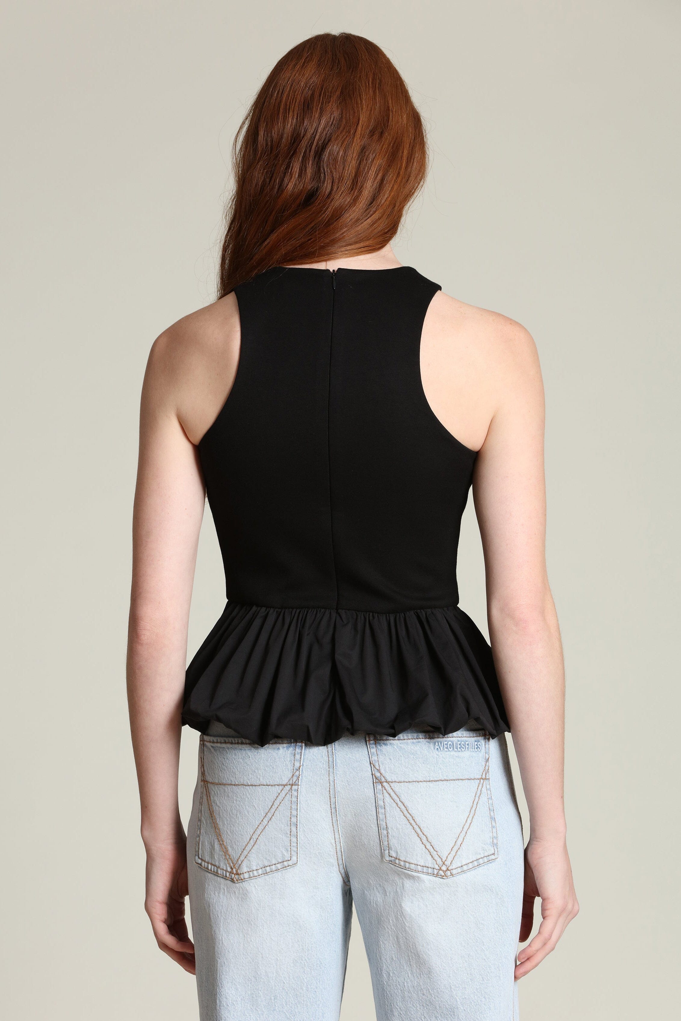 Mixed media gathered peplum black tank top with sleeveless and crew neckline - Shop designer women's tank tops