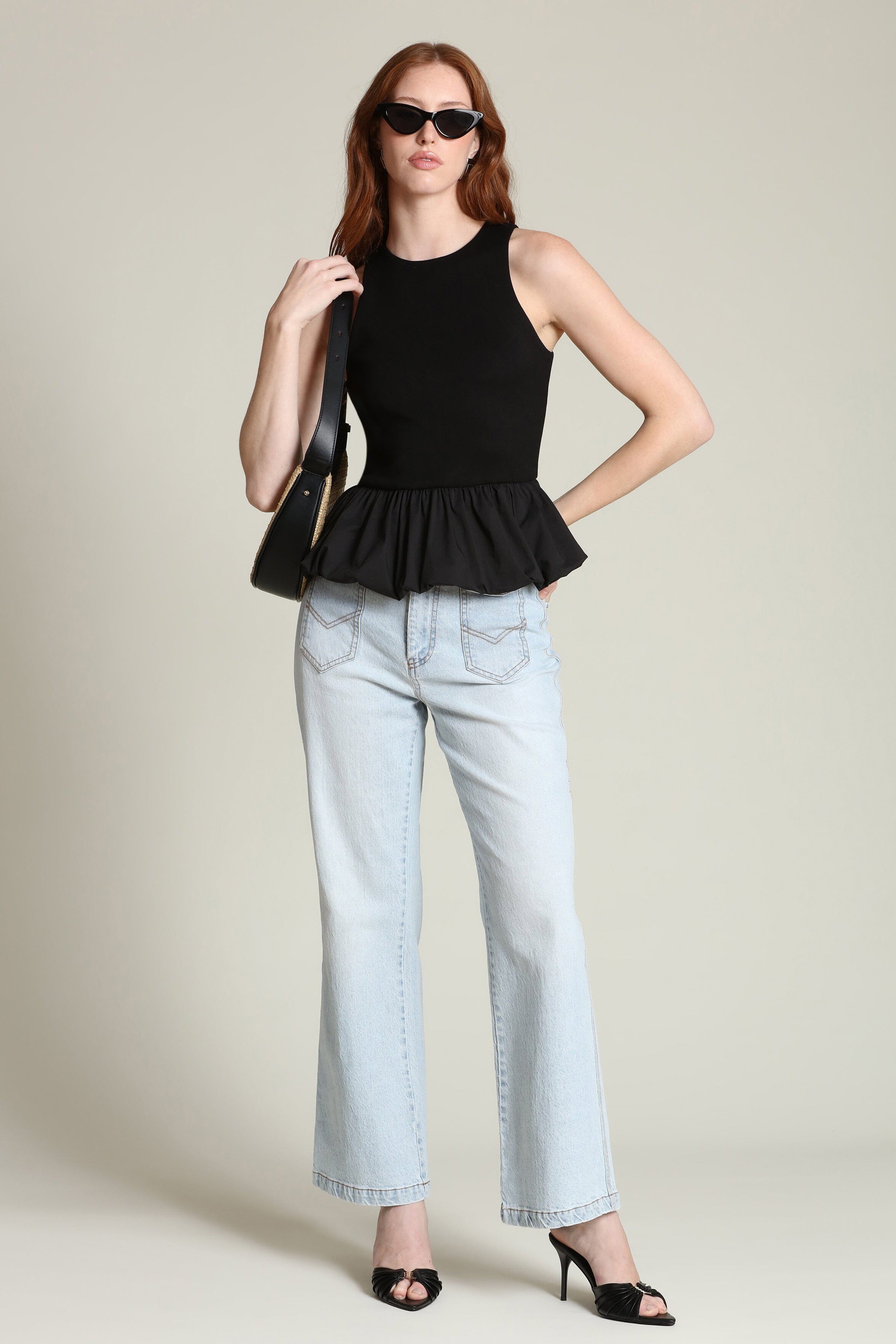 Mixed media gathered peplum black tank top with sleeveless and crew neckline - Shop designer women's tank tops