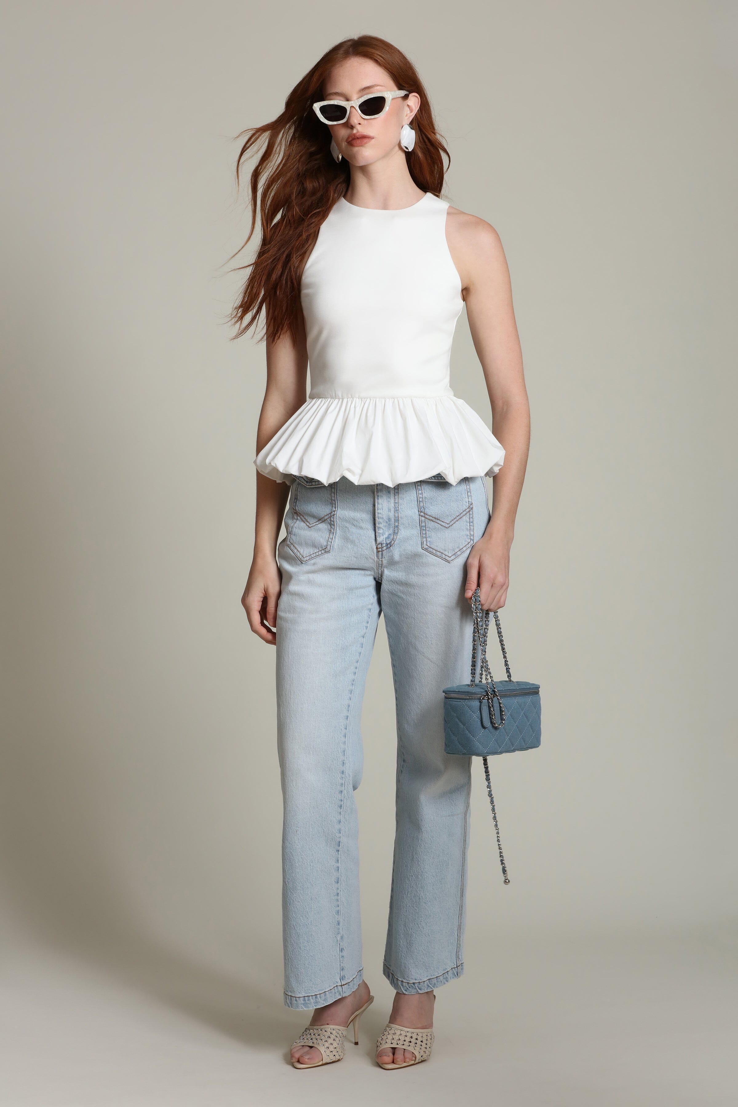 Mixed media gathered peplum white tank top with sleeveless and crew neckline - Shop designer women's tank tops