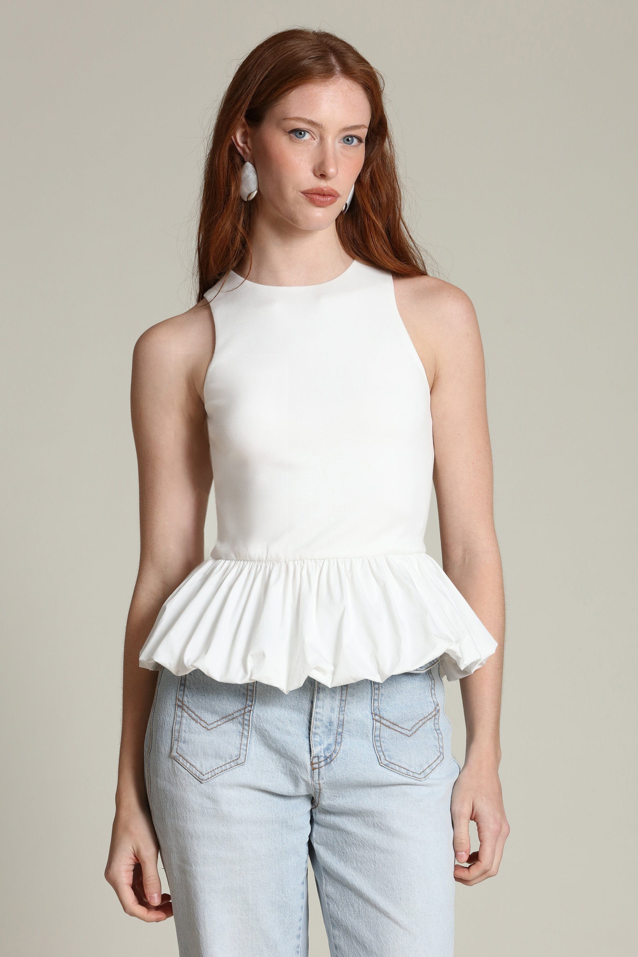 Mixed media gathered peplum white tank top with sleeveless and crew neckline - Shop designer women's tank tops