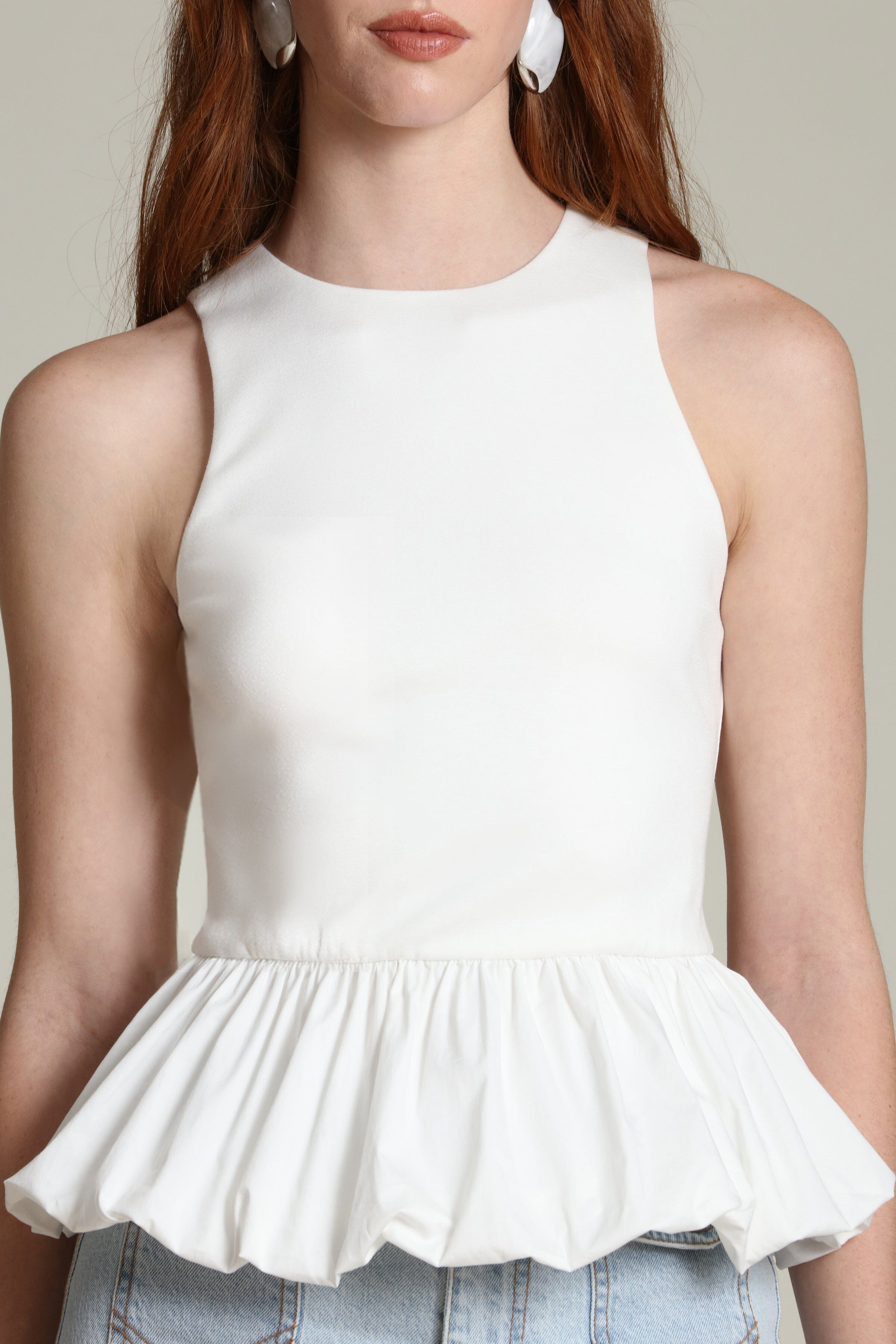 Mixed Media Gathered Peplum White Tank Top