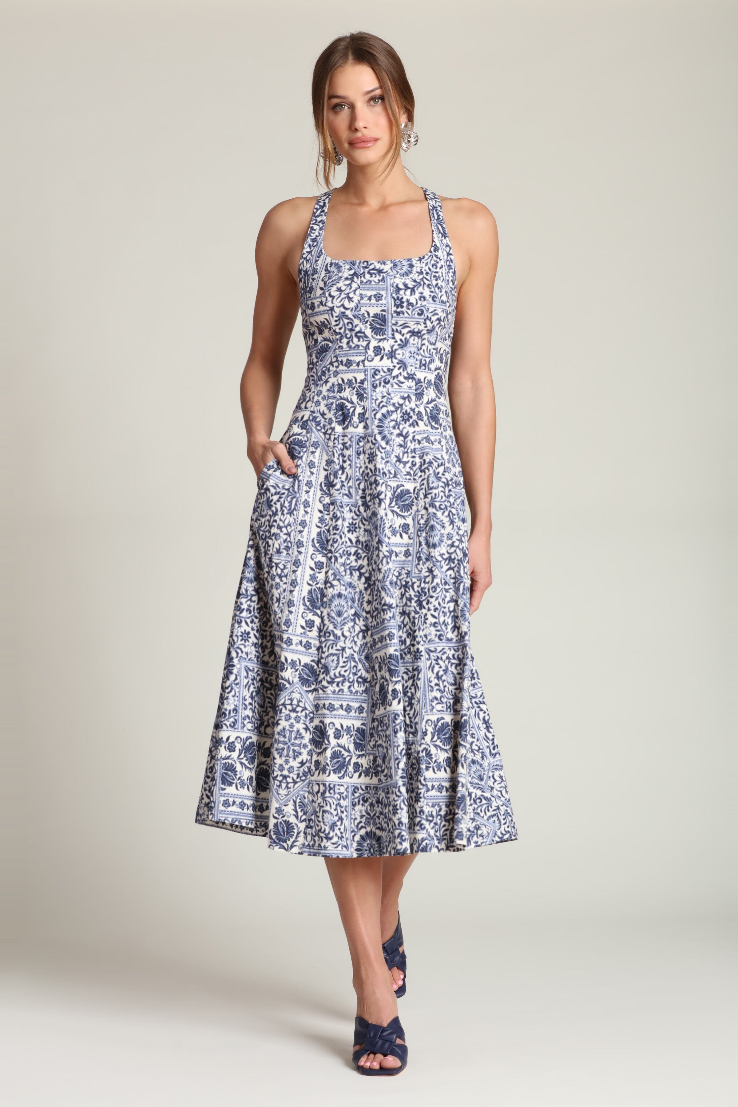 Stretch cotton printed racerback navy midi dress with a softly flared skirt and scoop neckline - Women's cute midi dresses by Avec Les Filles