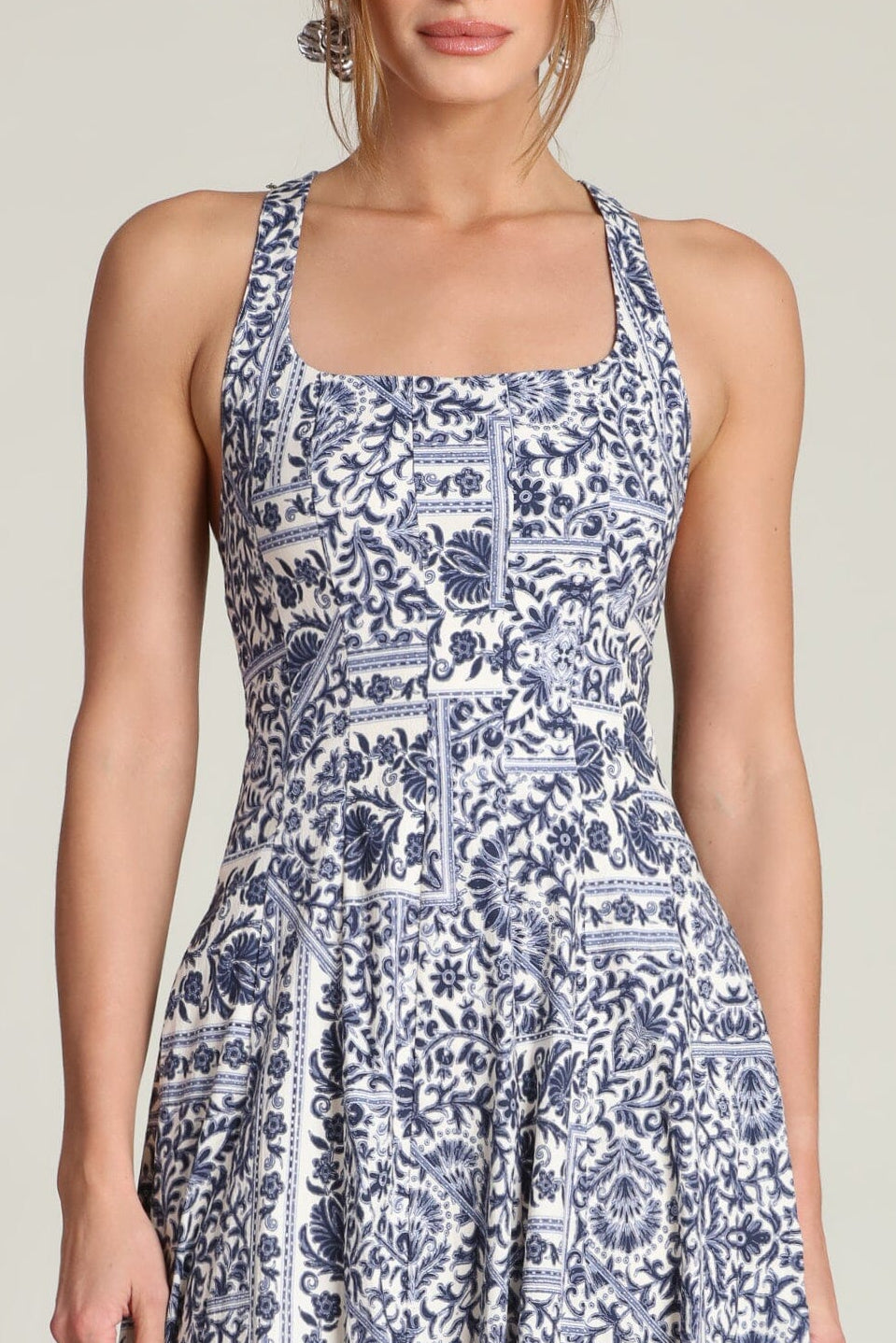 Stretch cotton printed racerback navy midi dress with a softly flared skirt and scoop neckline by Avec Les Filles