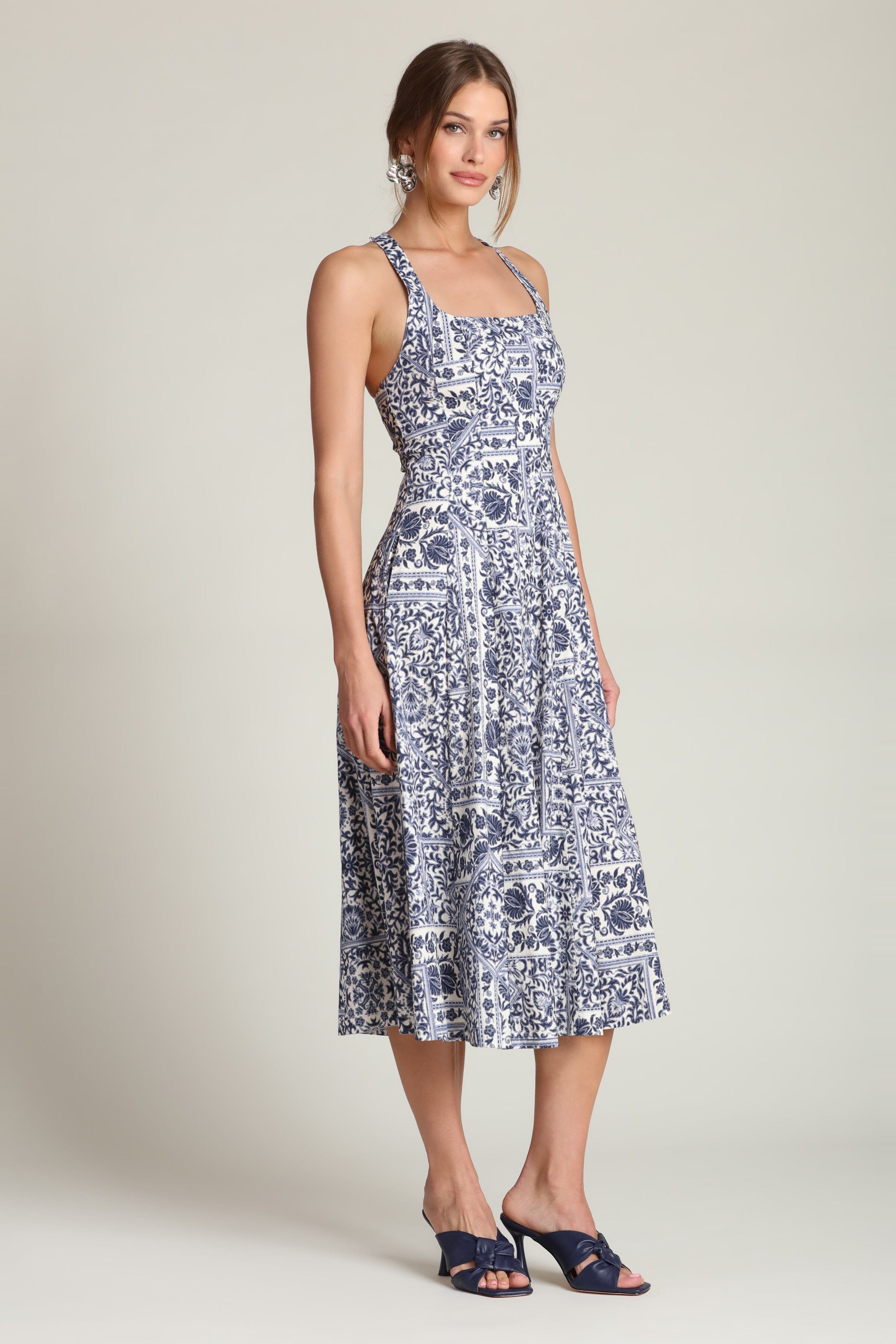 Stretch cotton printed racerback navy midi dress with a softly flared skirt and scoop neckline by Avec Les Filles