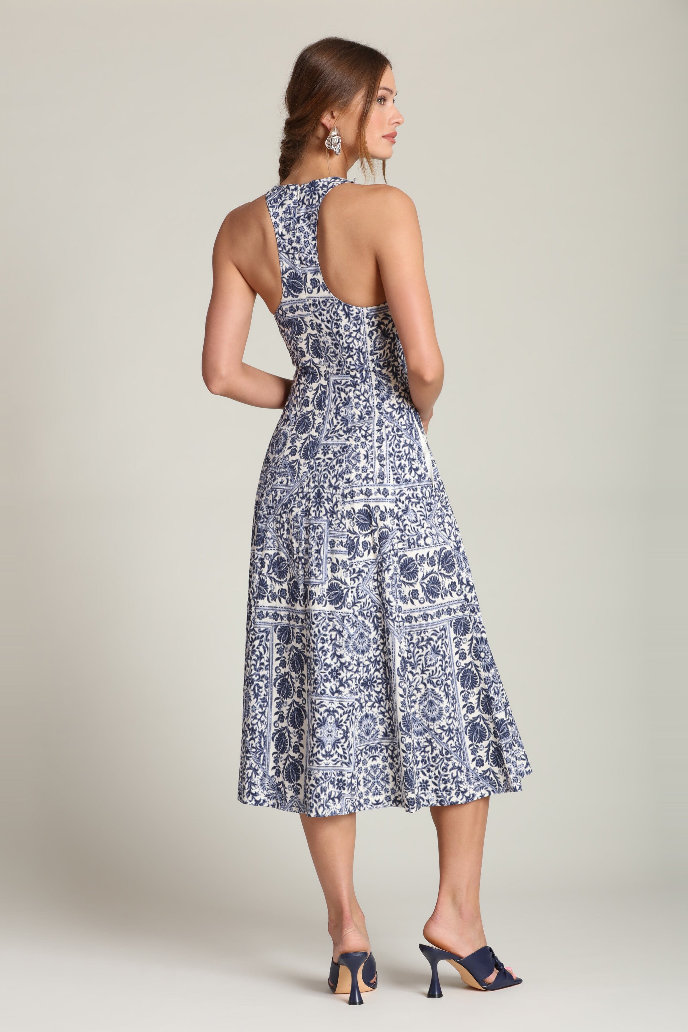 Stretch cotton printed racerback navy midi dress with a softly flared skirt by Avec Les Filles
