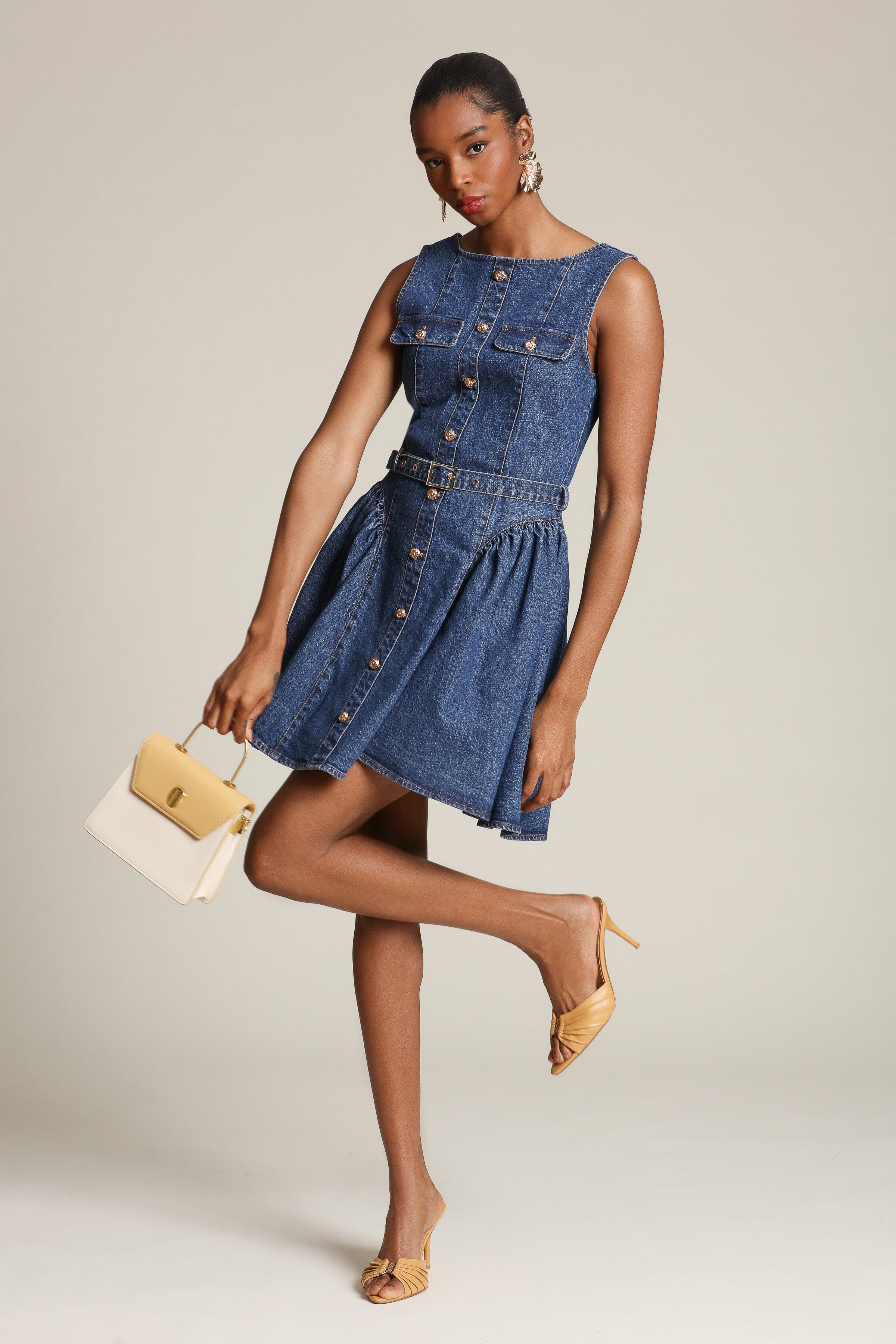 Blue cotton denim mini dress with a removable belt and drop waist - women's denim mini dresses by Avec Les Filles
