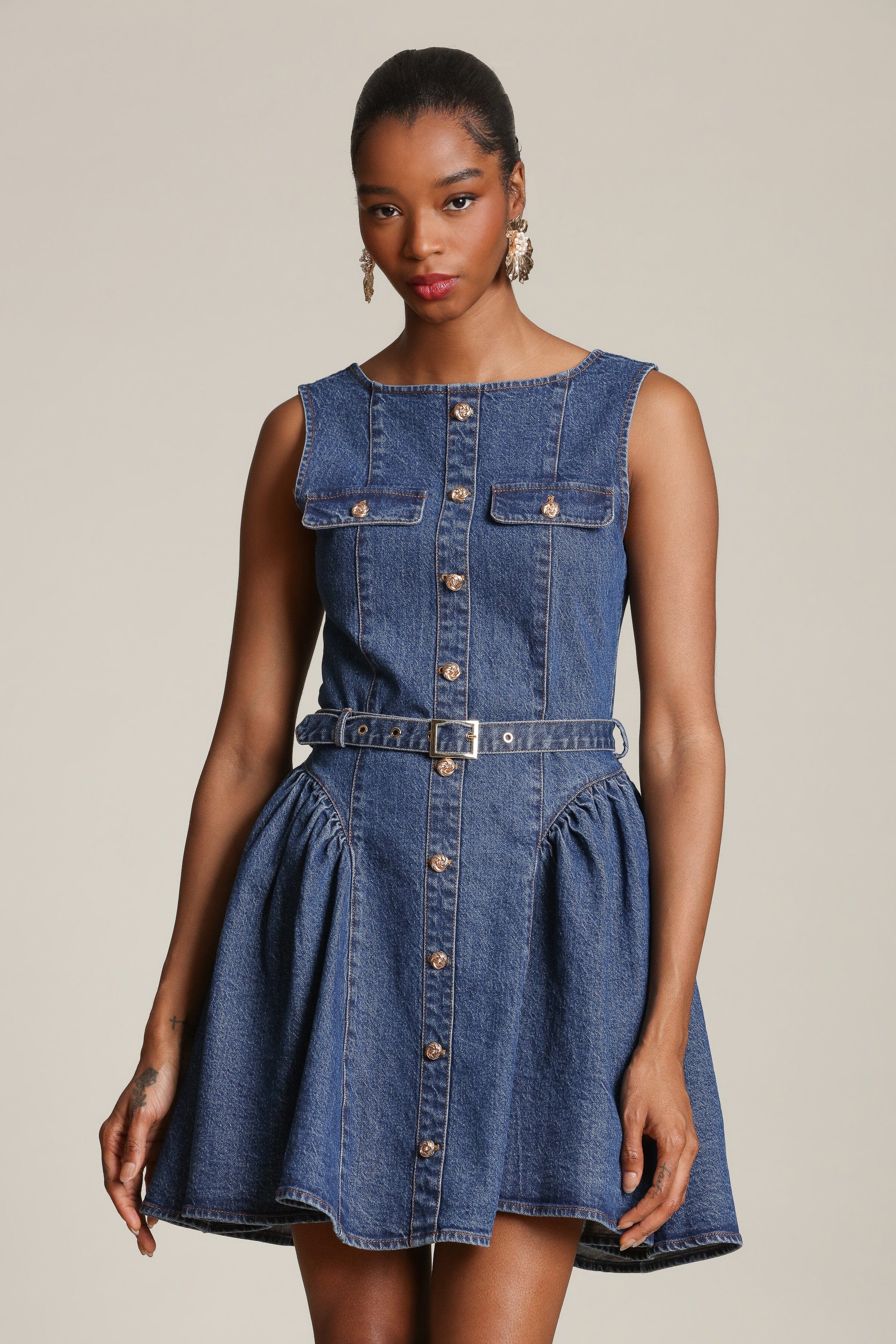 Cotton denim blue mini dress with a removable belt and drop waist - Shop designer mini dresses women's clothing
