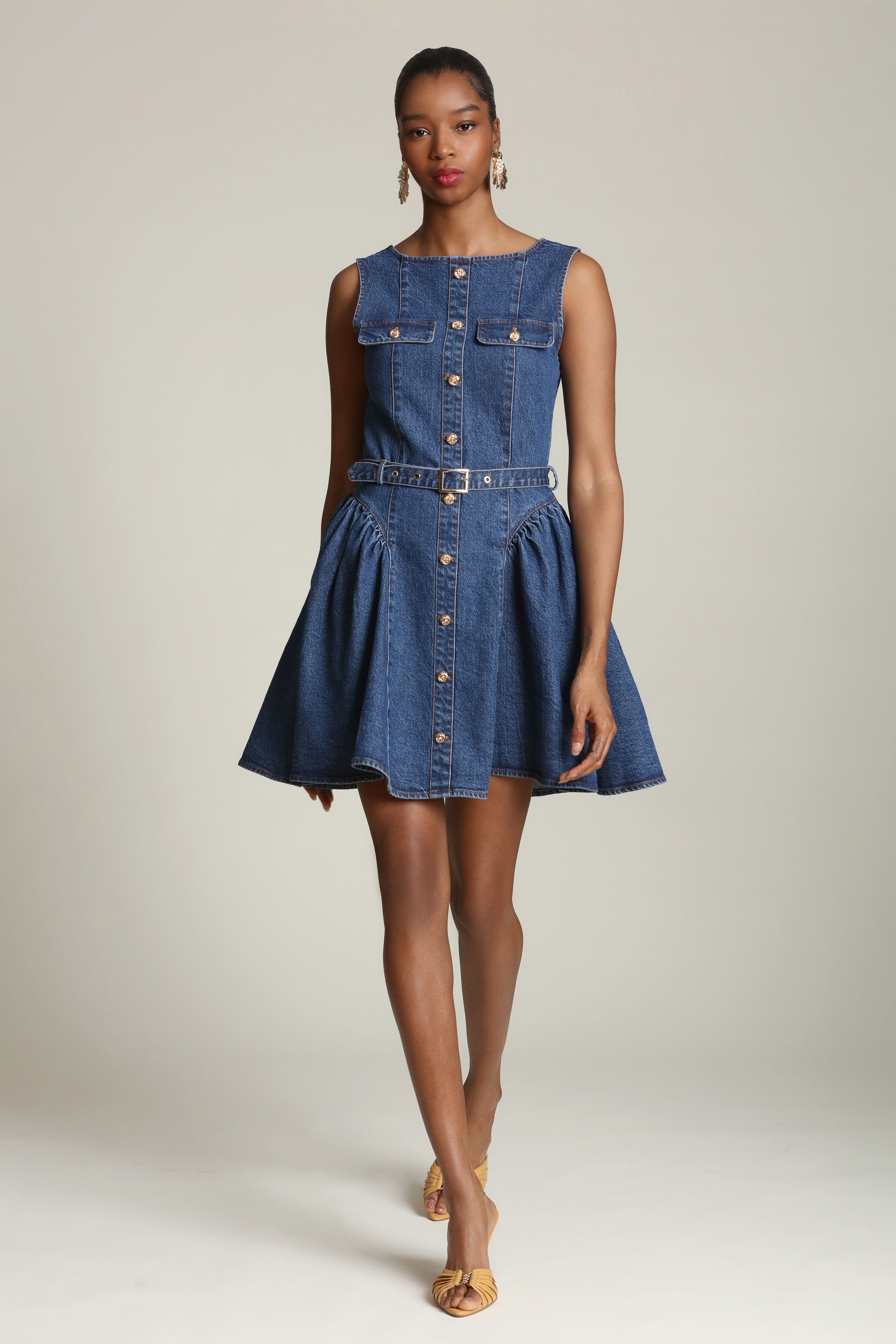 Denim blue casual mini dress with a removable belt and drop waist - Shop women's mini dresses by Avec Les Filles