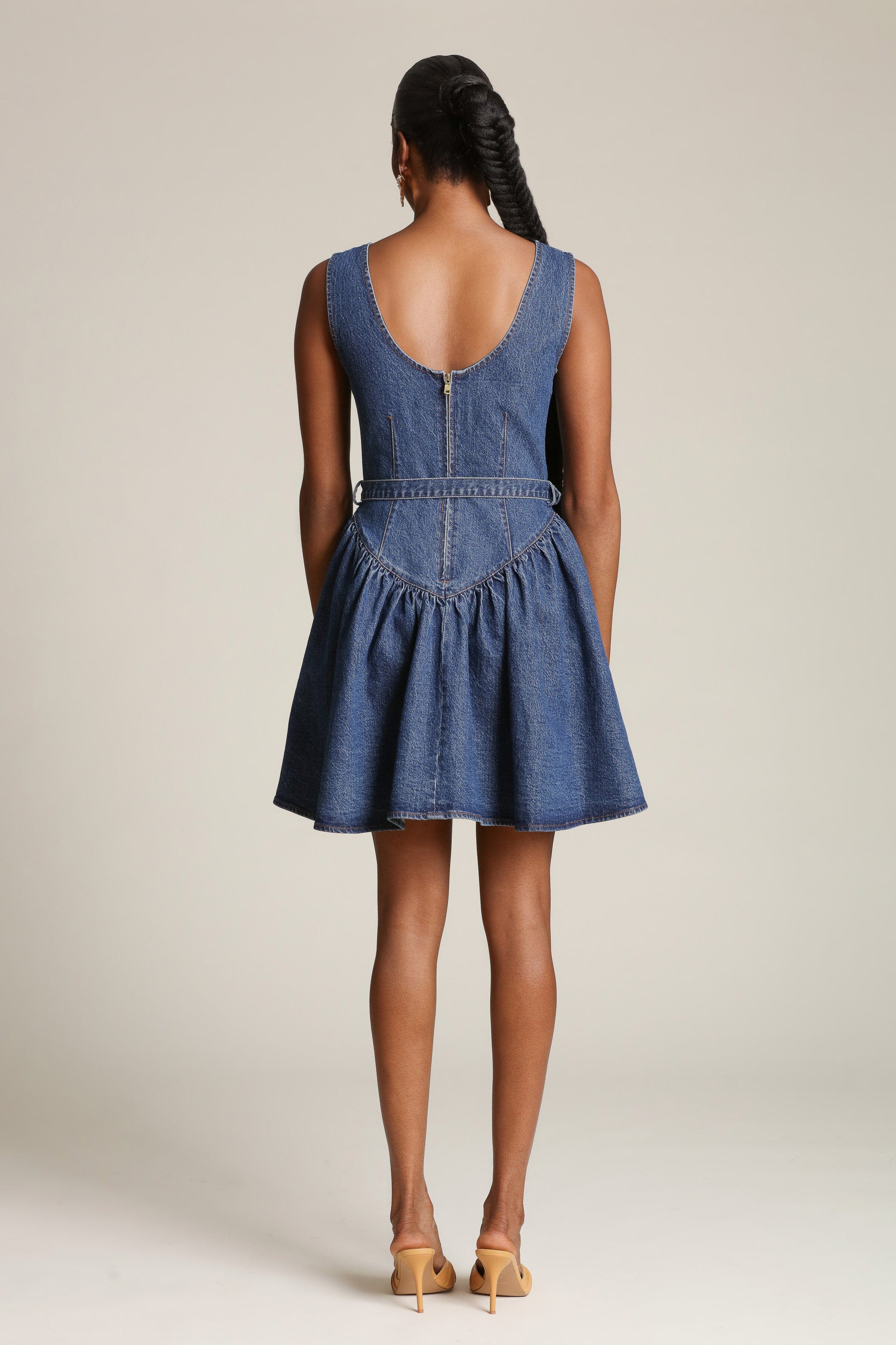 Denim mini dress with removable belt and drop waist - Women's mini dresses by Avec Les Filles