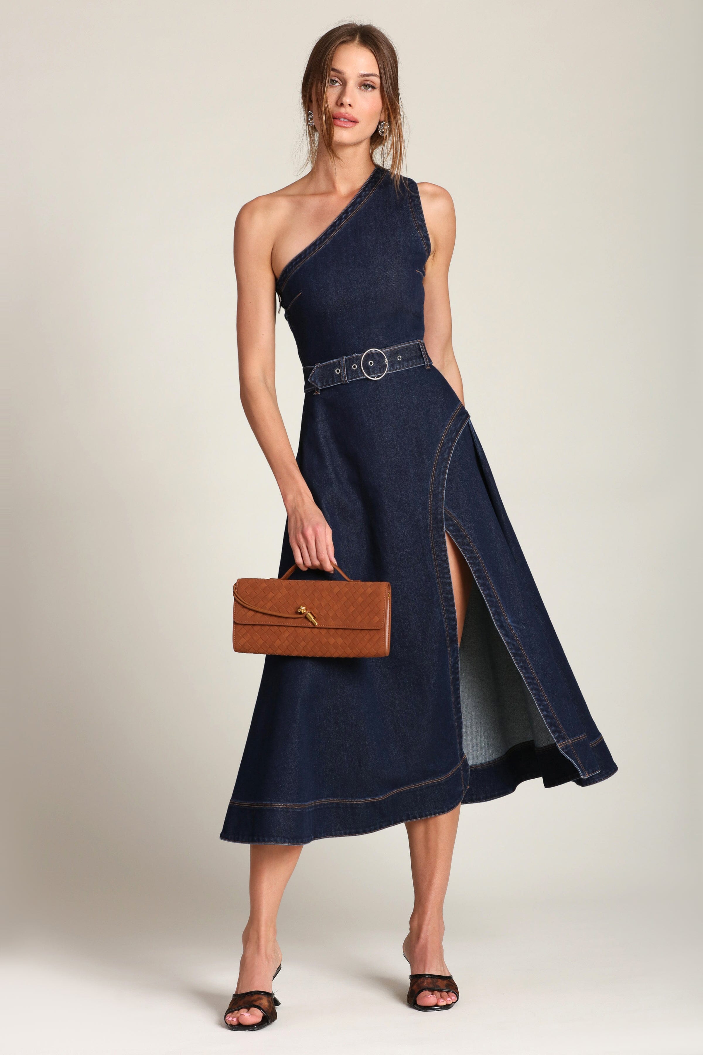 One-shoulder detachable belted dark blue denim midi dress with a flared skirt and front slit - Shop designer women’s midi dresses by Avec Les Filles