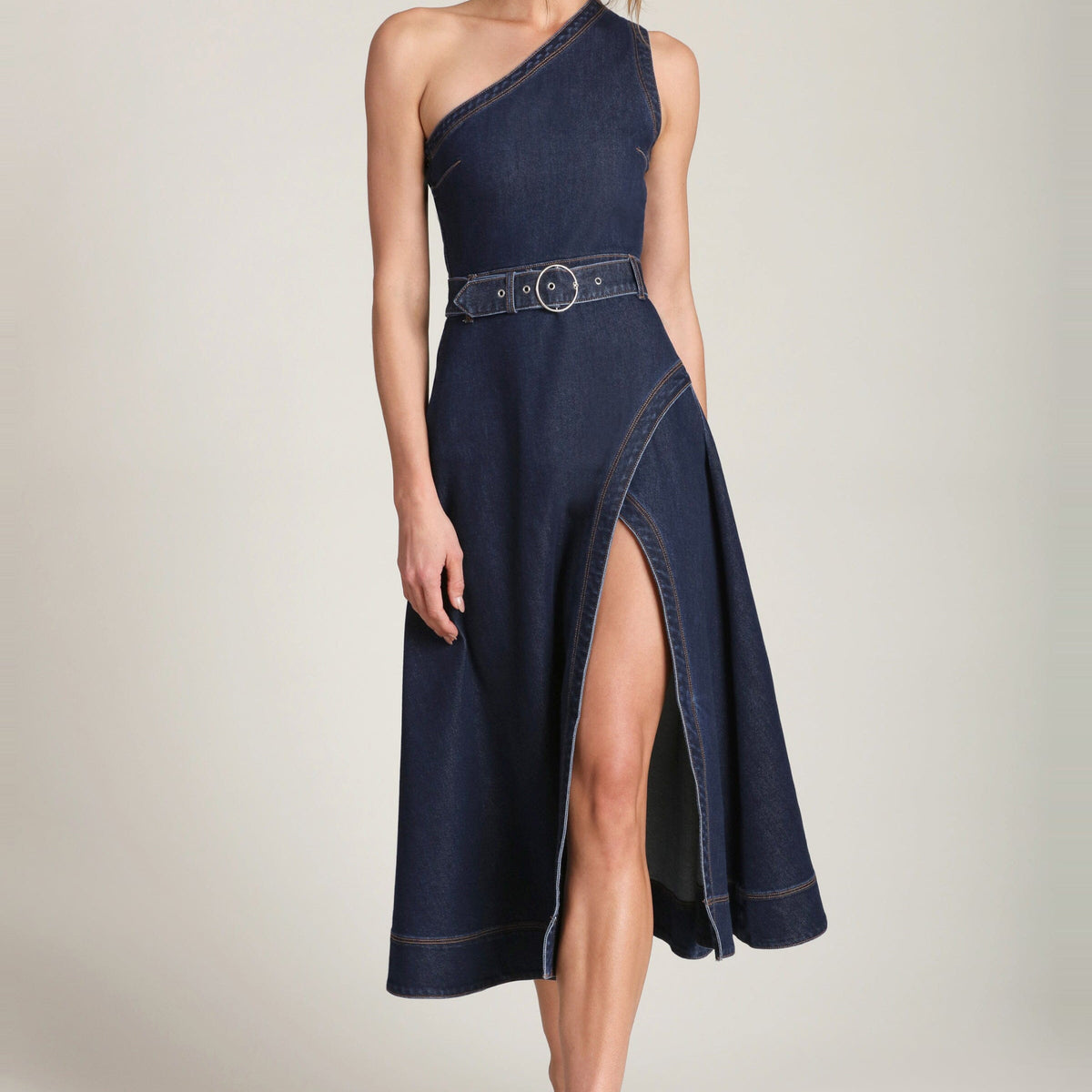 One Shoulder Belted Dark Blue Denim Midi Dress One Shoulder Belted Dark Blue Denim Midi Dress
