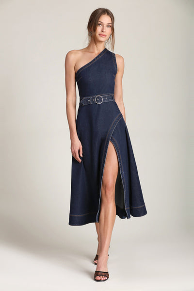 One Shoulder Belted Dark Blue Denim Midi Dress