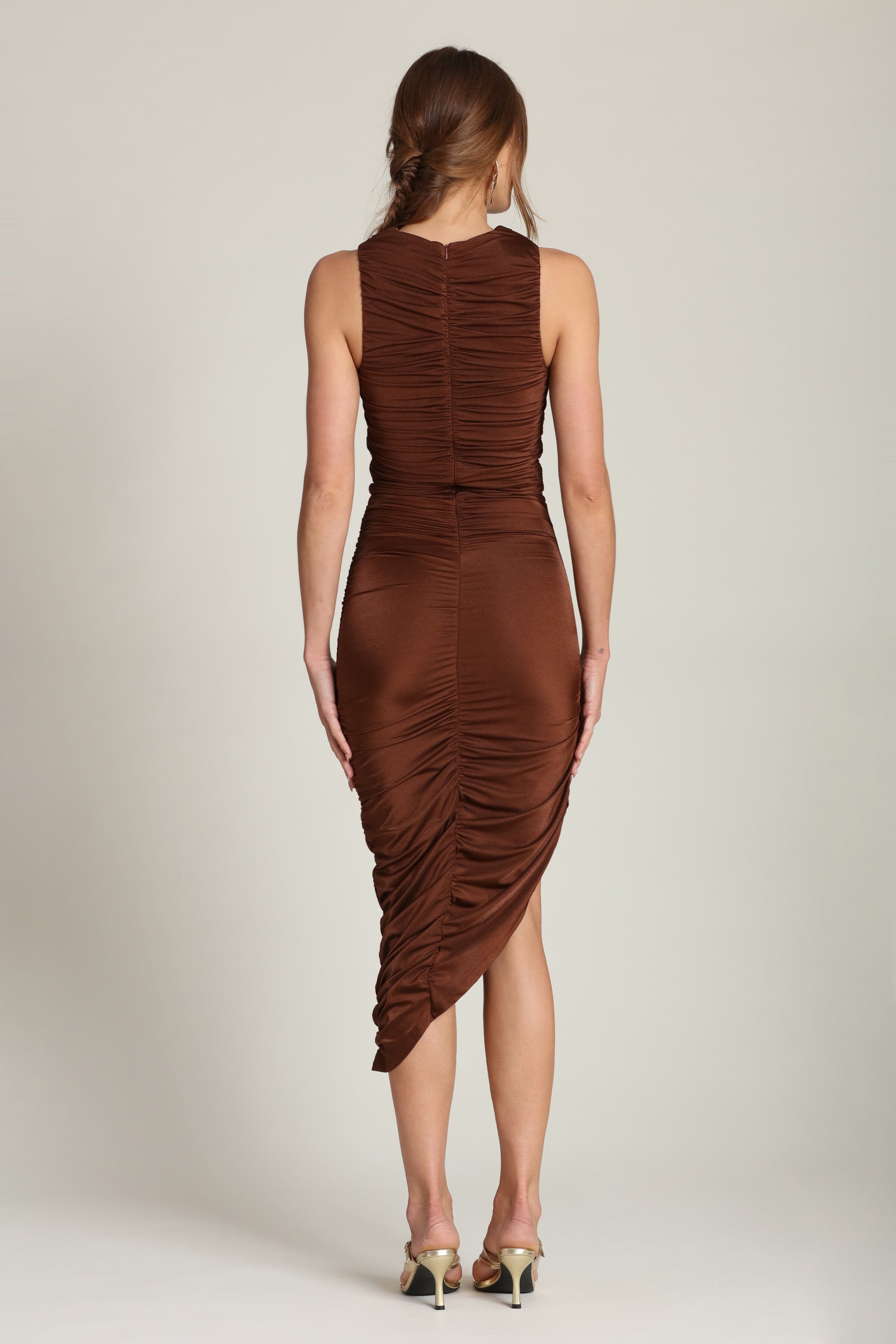 Sleeveless sueded jersey brown midi dress with asymmetric twist-front - Shop women's midi dresses by Avec Les Filles
