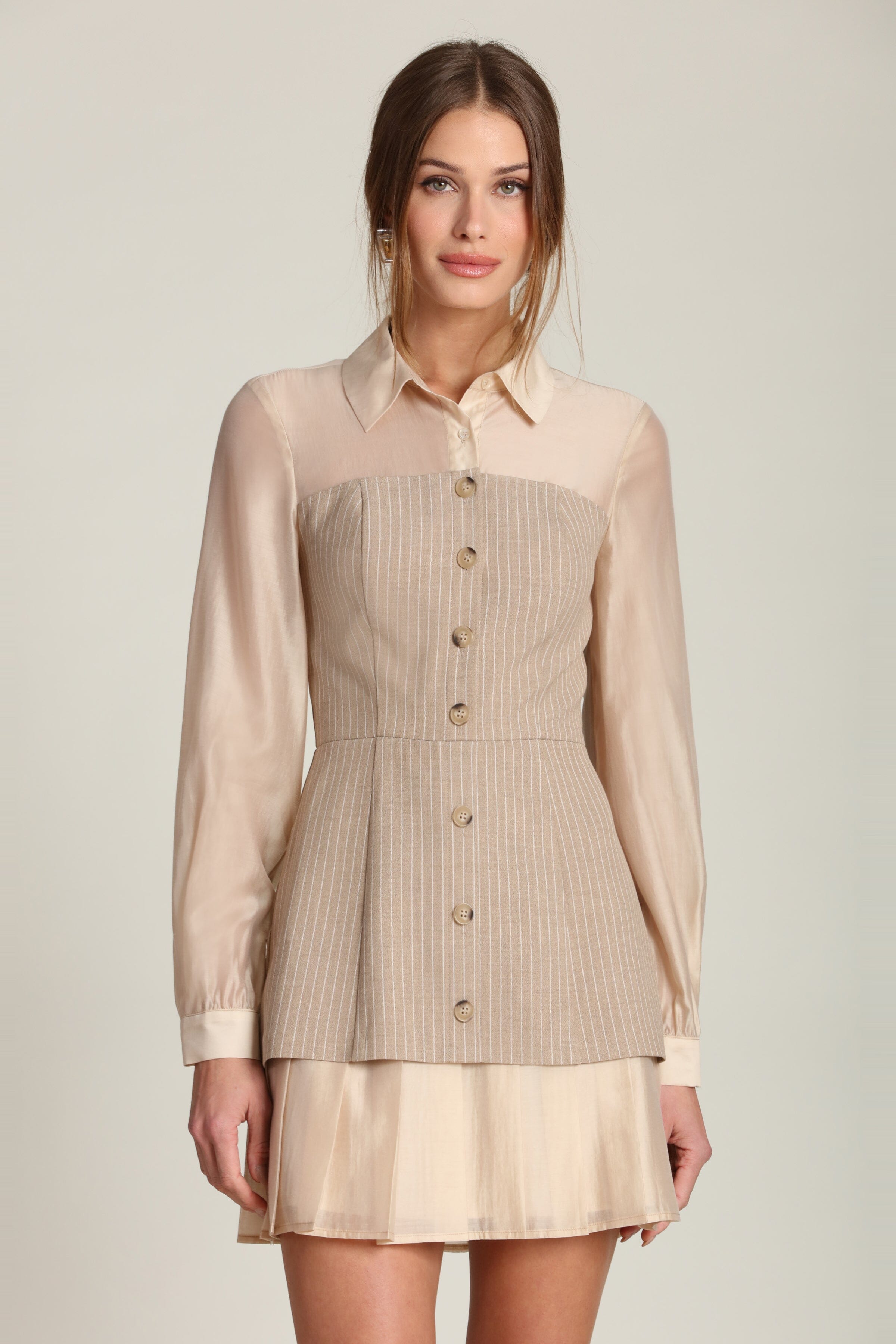 Pinstripe Organza Mixed Media khaki mini shirtdress with sheer long sleeves by Avec Les Filles