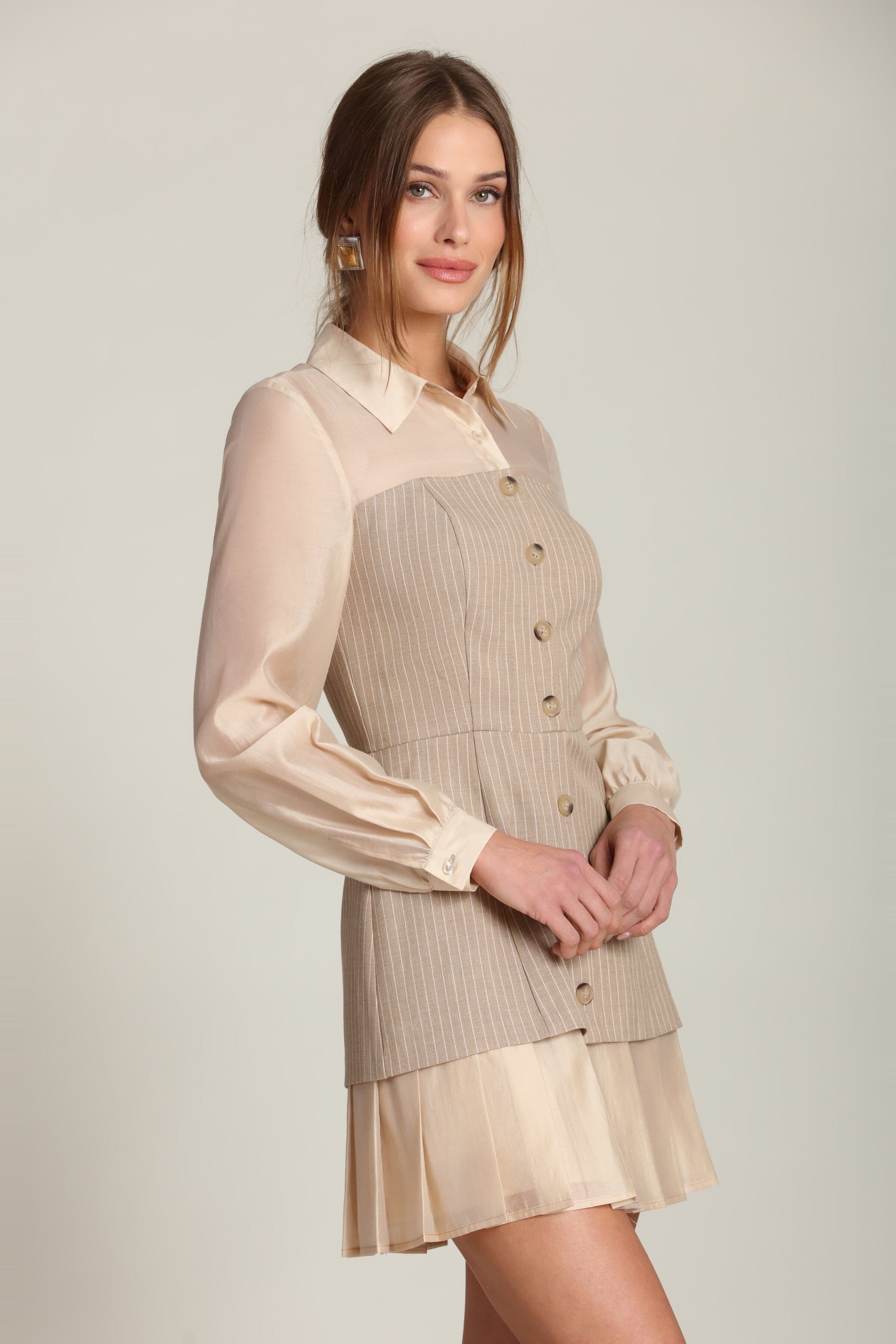 Pinstripe Organza Mixed Media khaki mini shirtdress with sheer long sleeves by Avec Les Filles